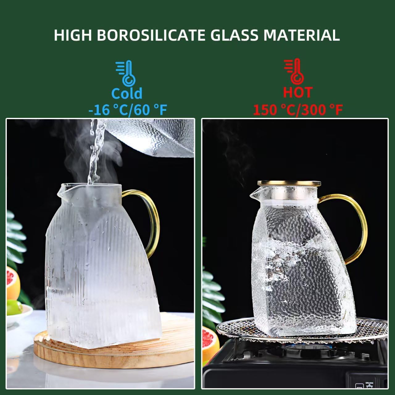 Glass Pitcher with Lid 1.8L, Borosilicate Glass Water Jug for Refrigerator Door, Hot & Cold Beverages, Leak-Proof Stainless Steel Lid with 2 Filter Holes for Iced Tea, Juice, Coffee, Milk - Image 4