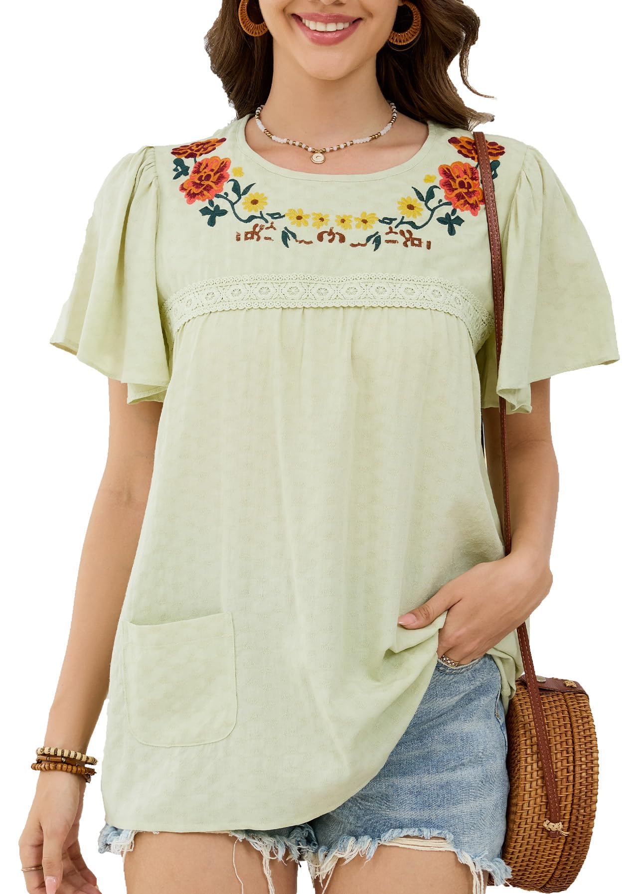 Womens 2026 Summer Cotton Floral Embroidered Tops Crewneck Short Sleeve Shirts Casual Blouses Boho Clothing Trendy