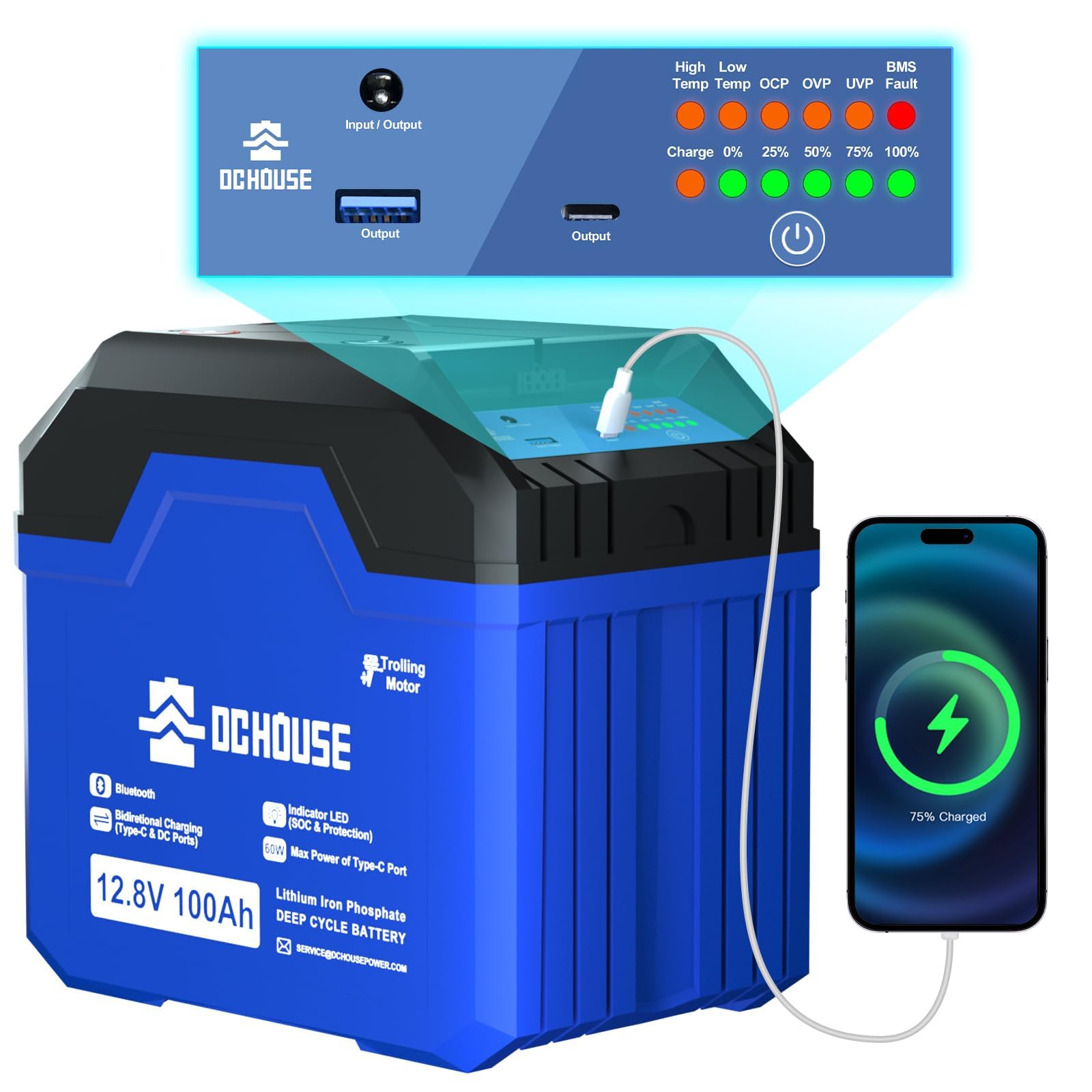 DC HOUSE 12V 100Ah 3.0 Trolling Motor Marine Battery, Bluetooth & Low Temp Cut-Off with SOC Status Indicators, USB-A, DC, USB-C Ports, Built-in 100A