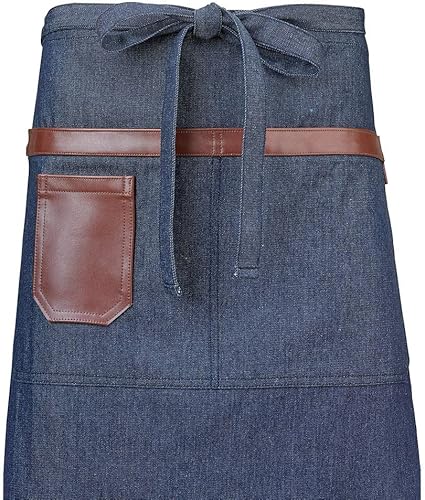 Miniatura 3 de Mercer Culinary Metro Edge - Delantal para servidor, Mid-Bistro, Wyatt Indigo Denim con detalles de cuero marrón
