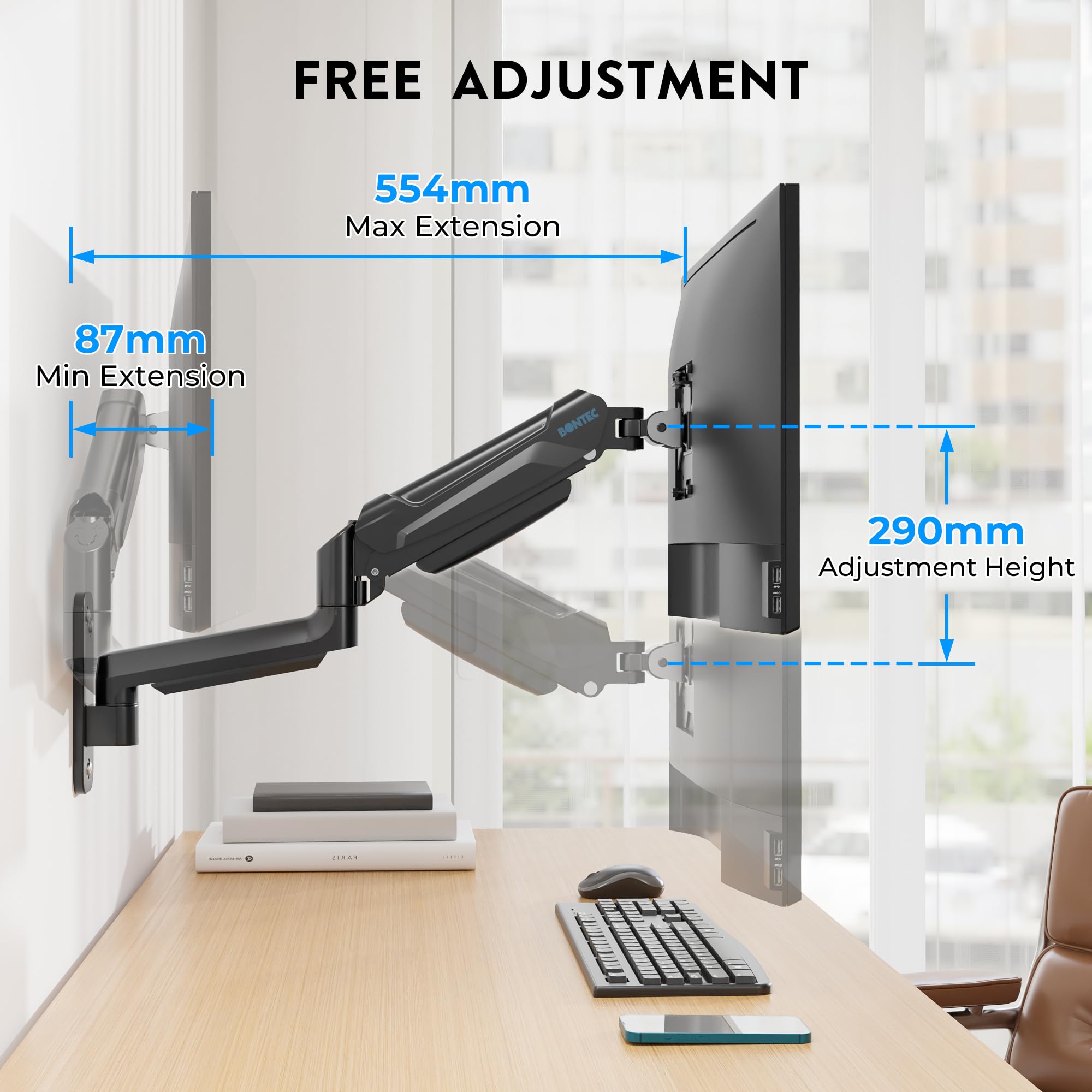 BONTEC Support Ecran PC Mural a Ressort a Gaz, Bras Ecran PC 13 a 42 Pouces 9 kg, Bras Articule Ecran PC Reglable Hauteur, Rotation 360 deg, Pivot 180 deg, Inclinaison 90 deg, VESA Jusqua 200x200