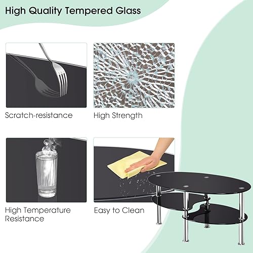 Miniatura 4 de COSTWAY Mesa auxiliar de cristal, mesa auxiliar de sofá de 3 niveles con patas de tubo de metal y estantes abiertos, moderna mesa auxiliar ovalada