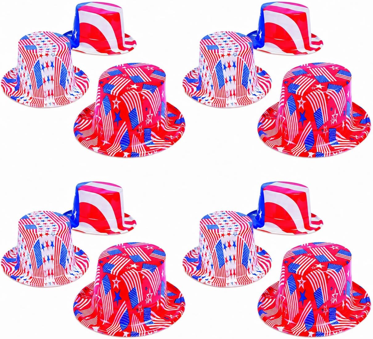 Fun Express Patriotic USA Hat Collection - 12 Pack Red White Blue American Flag Plastic Hats for 4th of July Decorations | Uncle Sam Style Photo Booth Props for Memorial Day & Veterans Day Parties