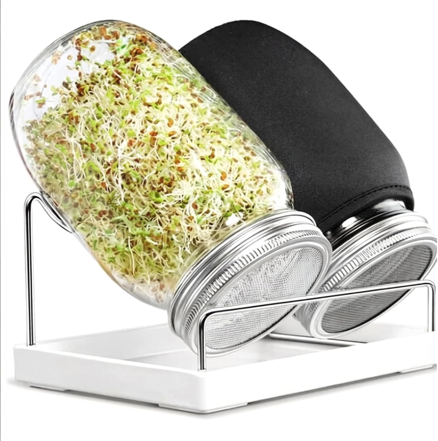 Sprouts Growing Kit Wide Mouth Sprouting Jar Kit with Stainless Steel Mesh Lids Drip Tray and Stand for Broccoli Mung Bean & Alfalfa