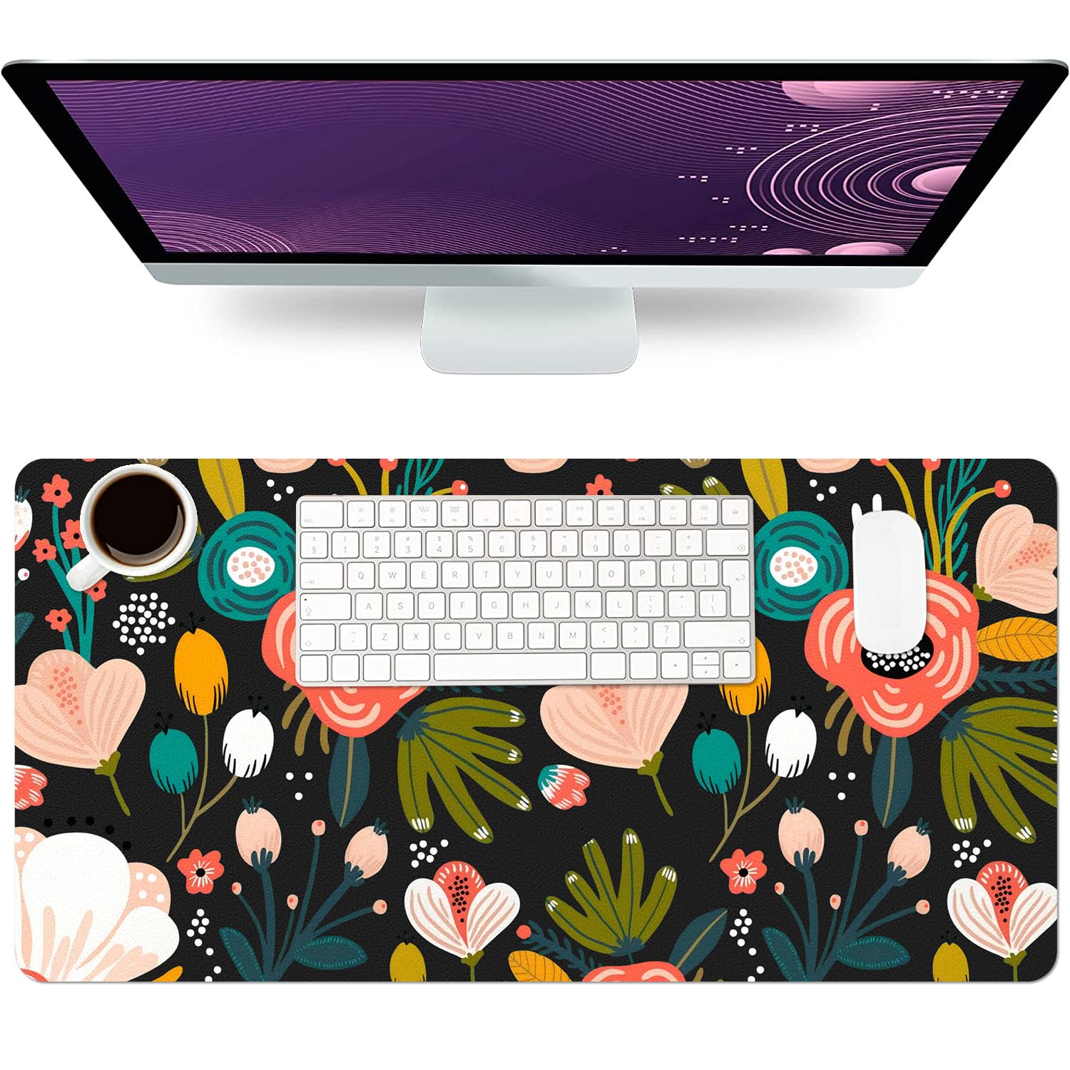 Desk Mat Large Protector Pad 27.5" ×13.8", Non-Slip PU Leather Desk Blotter, Waterproof Mouse Pad for Office Home Black Floral