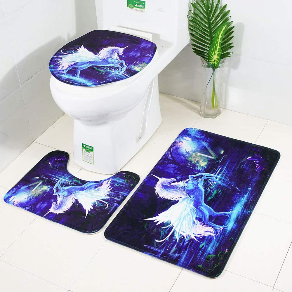 Bath Rugs Bathroom Accessory Sets Lion Tiger Wolf Printing Shower Curtain mat Four Sets of Bathroom Toilet Anti-Skid Absorbent Carpet Foreign Trade Four-Piece (Unicorn)
