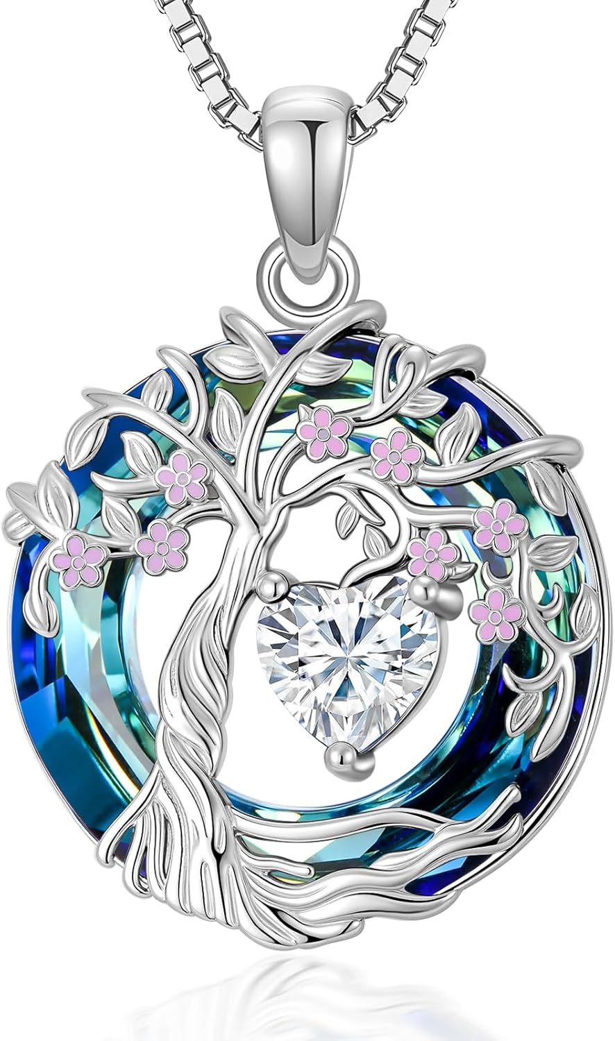 Tree of Life Birthstone Necklace 925 Sterling Silver Crystal Tree of Life Pendant Birthstone Jewelry Birthday Christmas Gifts for Women Mom Her Wife