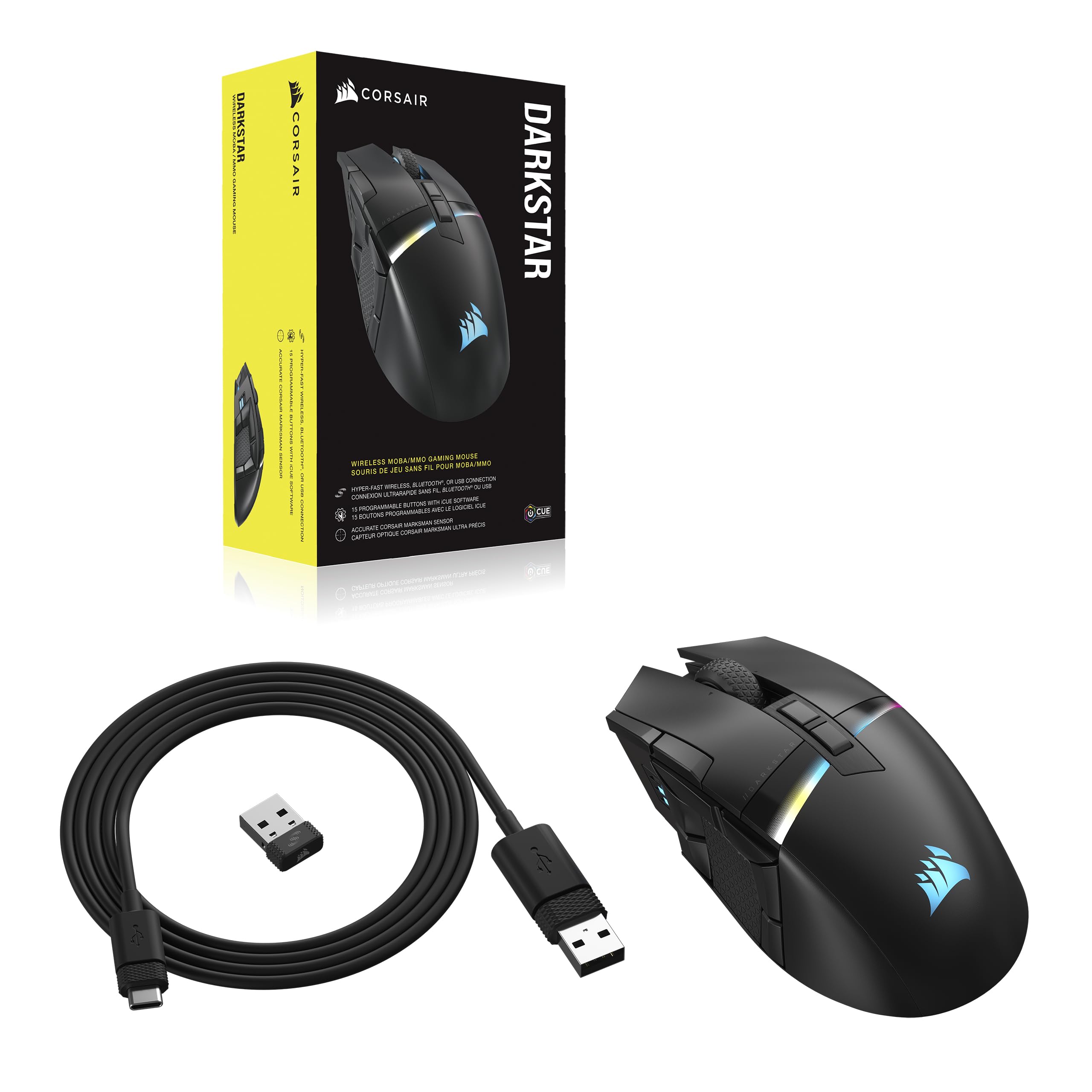 Corsair DARKSTAR Ratón Inalámbrico RGB para Juegos MMO - 26.000 PPP - 15 Botones Programables - Batería hasta 80 Horas - Compatible con iCUE - PC, PS5, PS4, Xbox - Negro