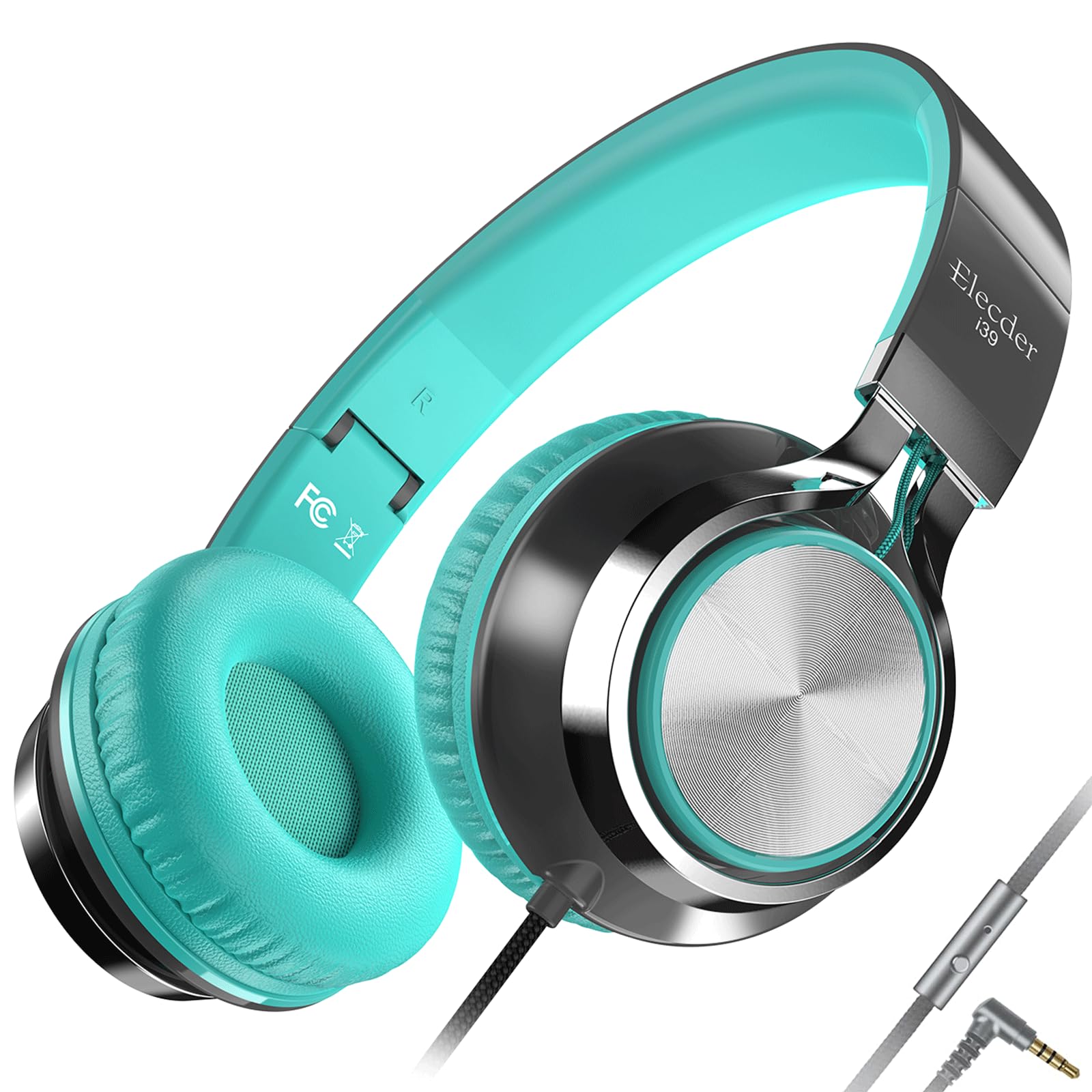 Elecderi39 Headphones Wired, On-Ear Headphones with Microphone Foldable Lightweight Adjustable Corded Stereo 3.5mm Headset for Smartphones Laptop Computer PC Tablets Kindle School Travel Gray/Mint