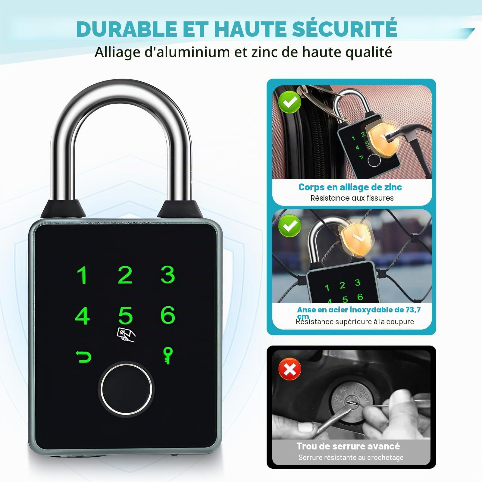 Cadenas intelligent avec 5 façons de déverrouiller, étanche