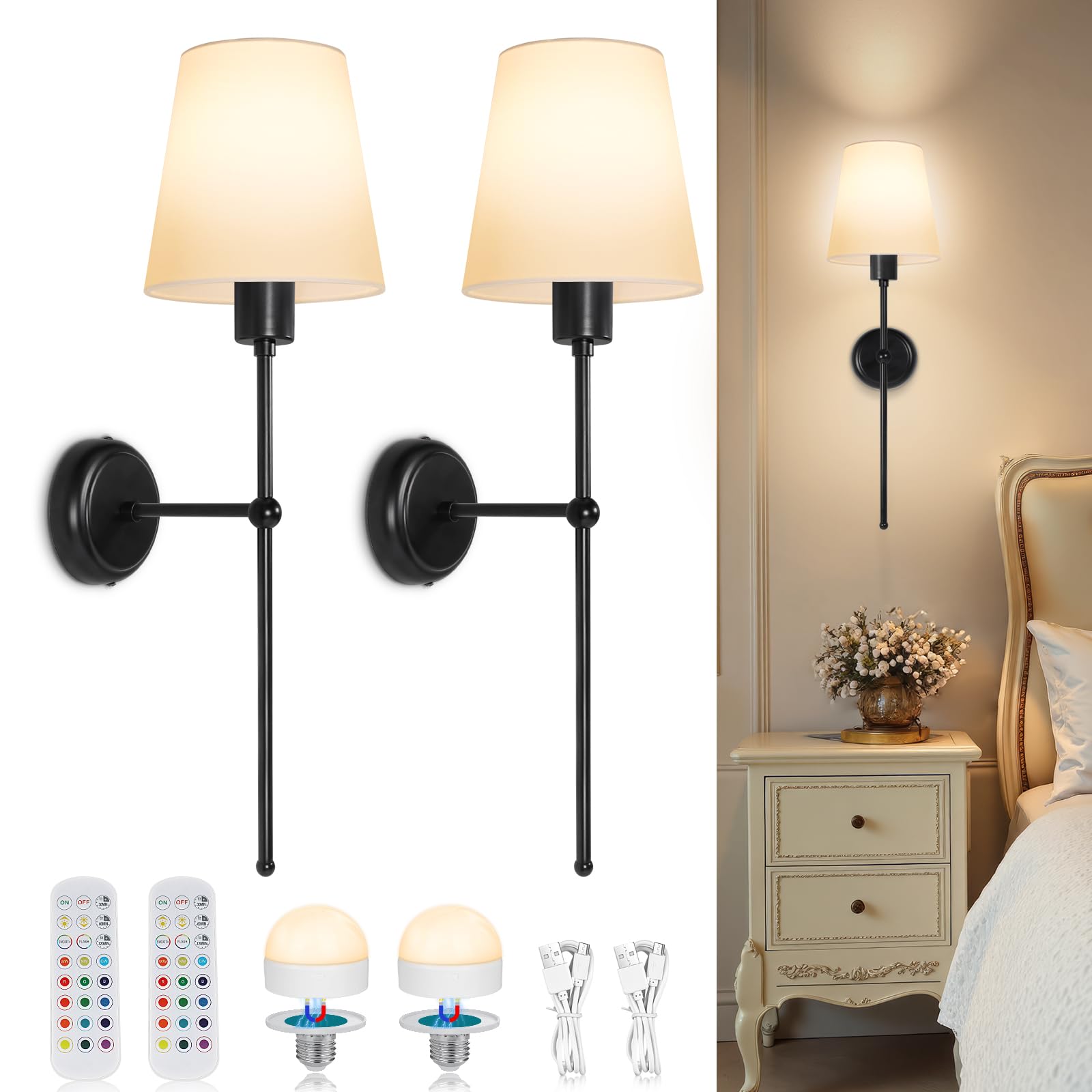 Dehobo Battery-Operated Wall Sconces, Rechargeable LED Wall Lights Set of 2, Dimmable Wireless Lamp with 3 Color Temperature, 12 RGB and Remote for Bedroom Living Room Hallway - Black — image 1