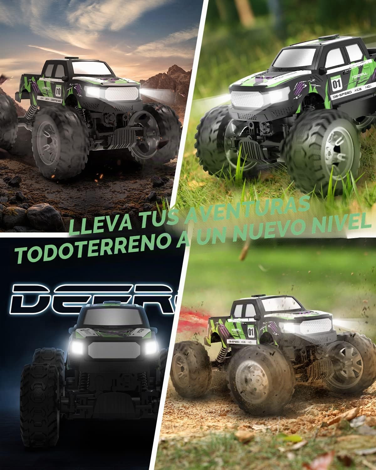 DEERC DE44 1:16 Escala Monster Truck con niebla de niebla, motores duales todoterreno RC coche, 4WD Rock Crawler con luces LED, juego de 70 minutos, vehículo de juguete para niños y adultos
