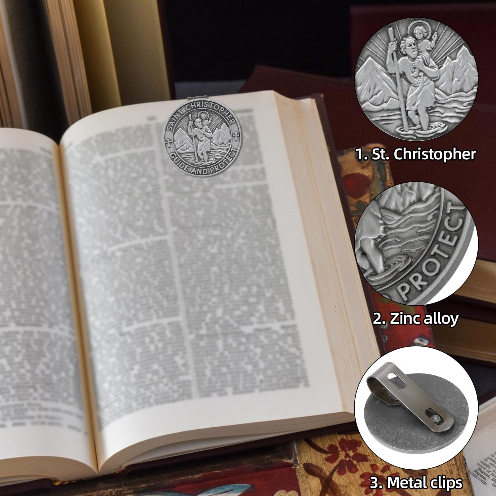 Medal Św. Krzysztofa do Klipsa na Osłonę Przeciwsłoneczną Samochodu, 5cm Stop Cynku Akcesorium Samochodow Talizman Bezpieczeństwa w Podróży i Ochrona dla Kierowców Przyjaciół i Rodziny