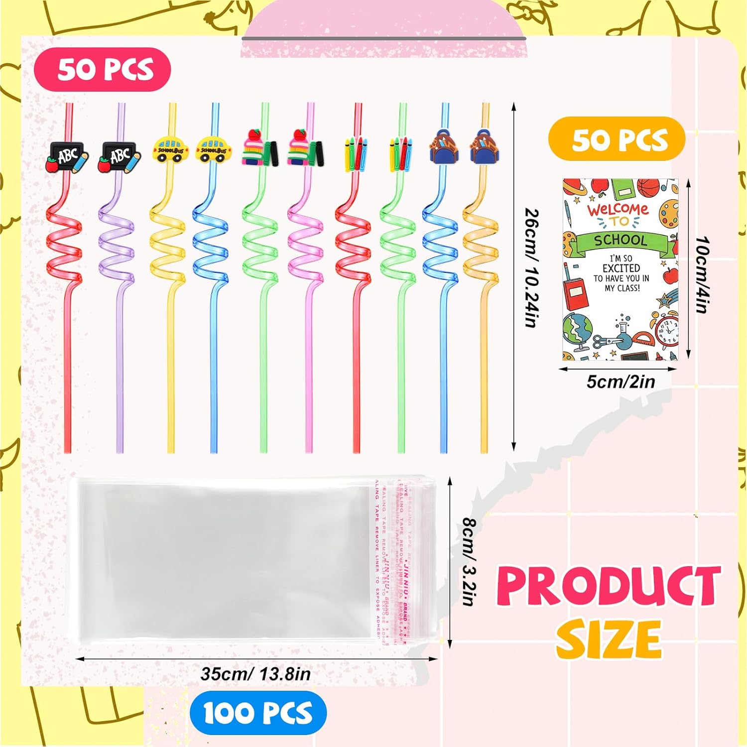 Vesici 200 Pcs 50 Set Back to School Straws with Sticker and Plastic Bag Reusable Welcome to School Gift Bus Schoolbag Crayon Book Drinking Straws for First Day of Class Birthday Party Favors Decor