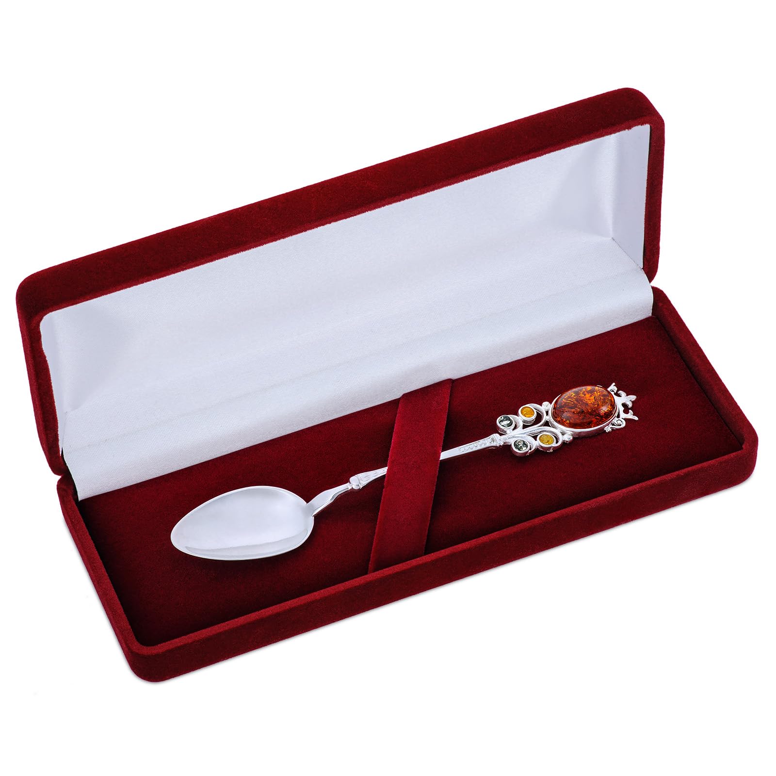 Srebrna łyżka Windsor z bursztynem, srebro połysk 925, bursztyn bałtycki w trzech kolorach, dł. 12,7 cm