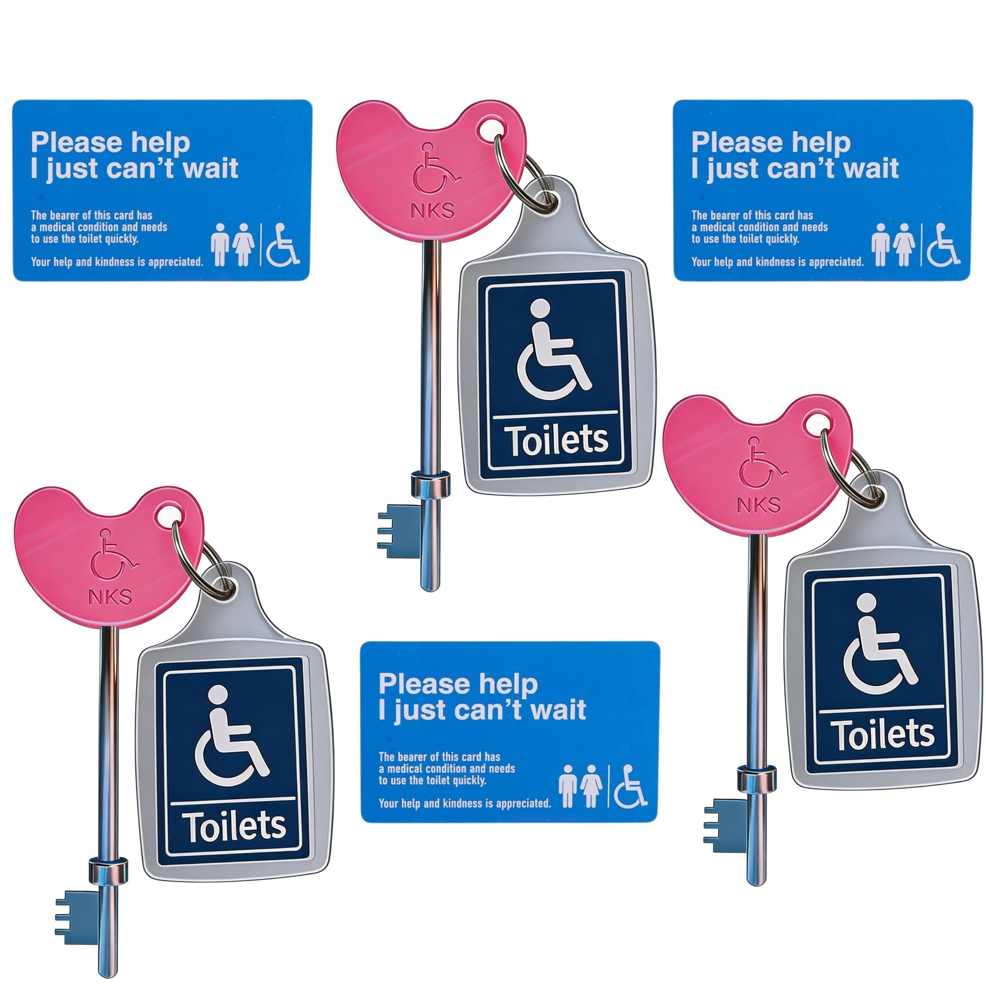 3 Pink Radar Disabled Toilet Keys with Keyrings and ID Cards | UK NKS Compatible | Braille Marked | Steel