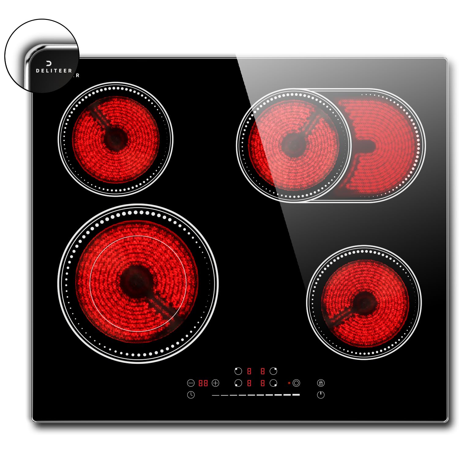 DELITEER, Piano Cottura Vetroceramica a 4 Zone, Piano Cottura Elettrico da 6600W con Struttura in Metallo, Zona Flessibile