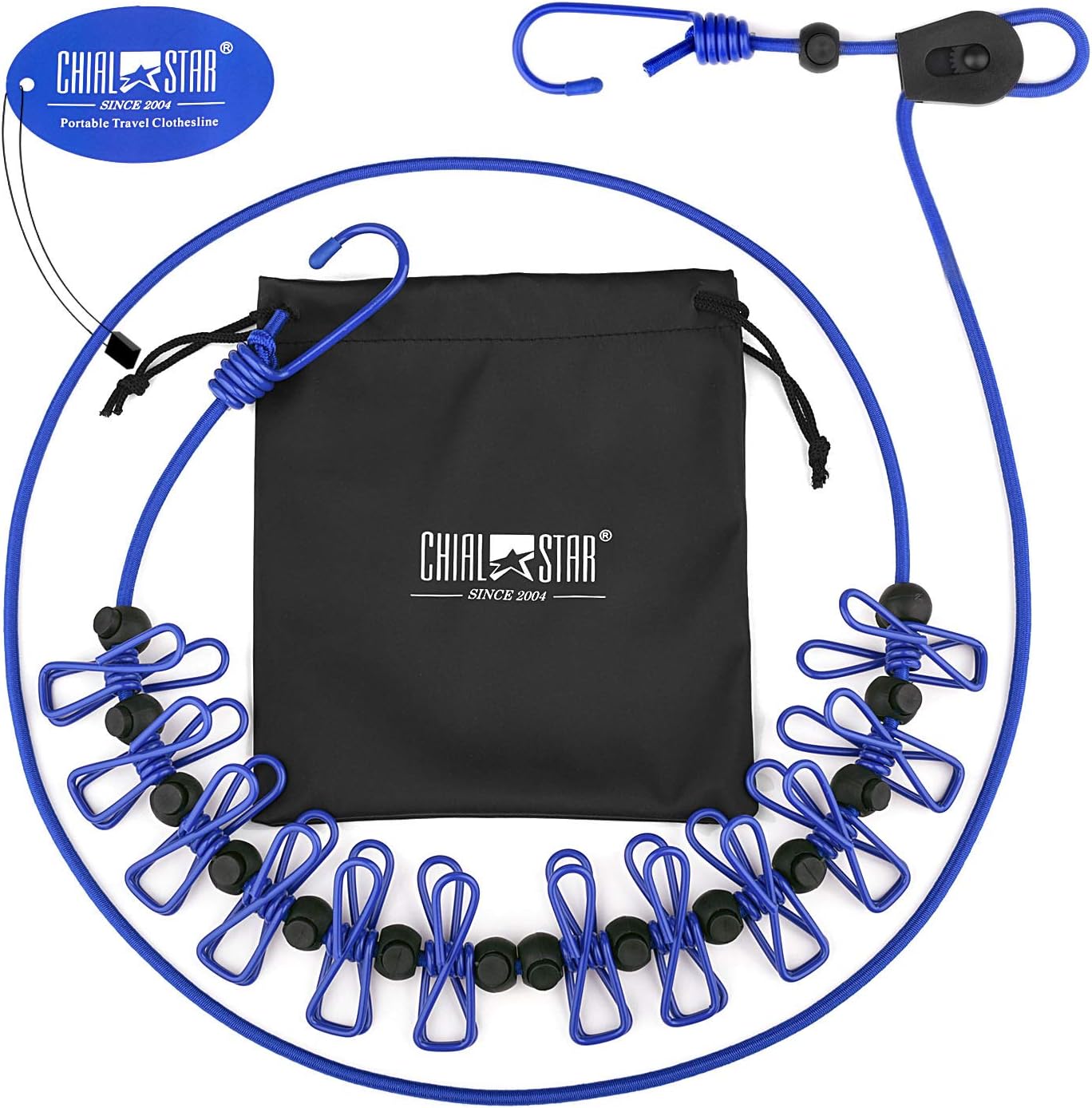 CHIALSTAR Upgrade Travel Clothesline, Portable Retractable Adjustable Elastic Travel Camping Windproof Clothes Line with 1 Black Waterproof Bag and 12pcs Clothespins for Outdoor and Indoor Use (Blue)