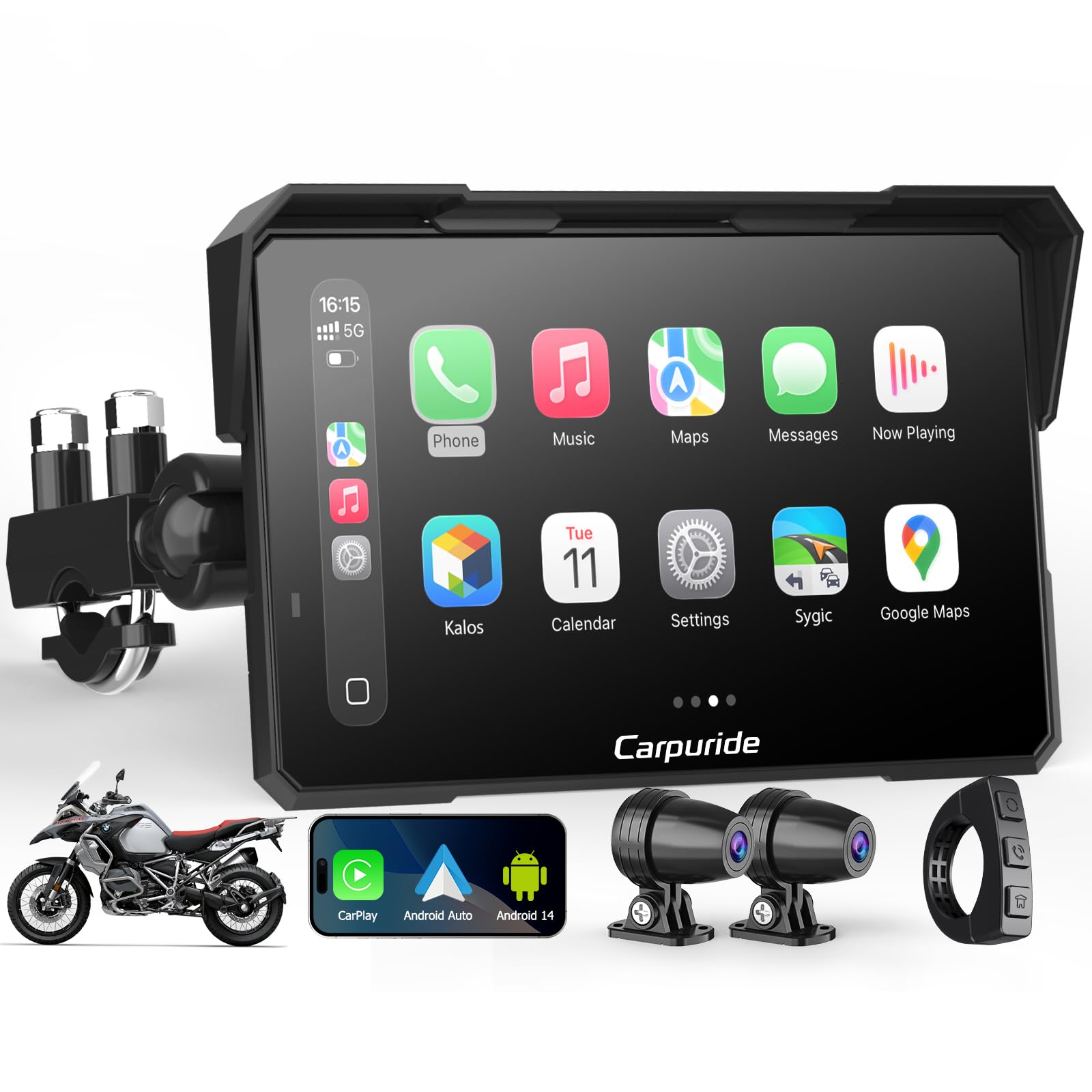 Photo 1 of Carpuride W702 Plus for Motorcycle CarPlay & Android Auto & 8 Core Android 14, 1080p Dash Cam, 7-inch Waterproof Touchscreen for Online/Offline Navigation, Bluetooth, Loop Recording, Wired Controller