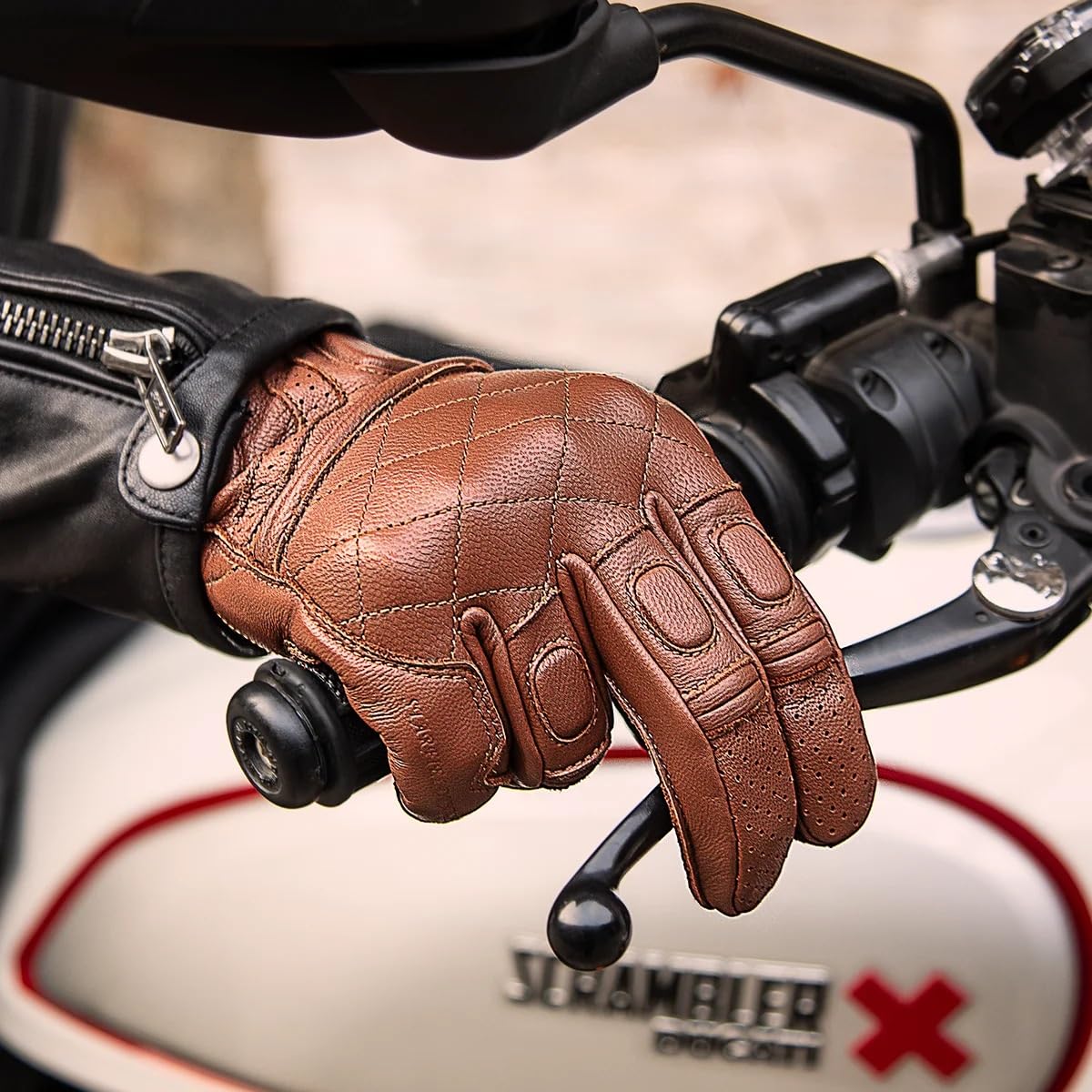 Motorradhandschuhe Retro Echtleder Motorradhandschuhe Vollfinger Touchscreen Rennen Reiten Motocross Herren Motorradzubehör Motorrad Handschuhe(546-Brown,M)