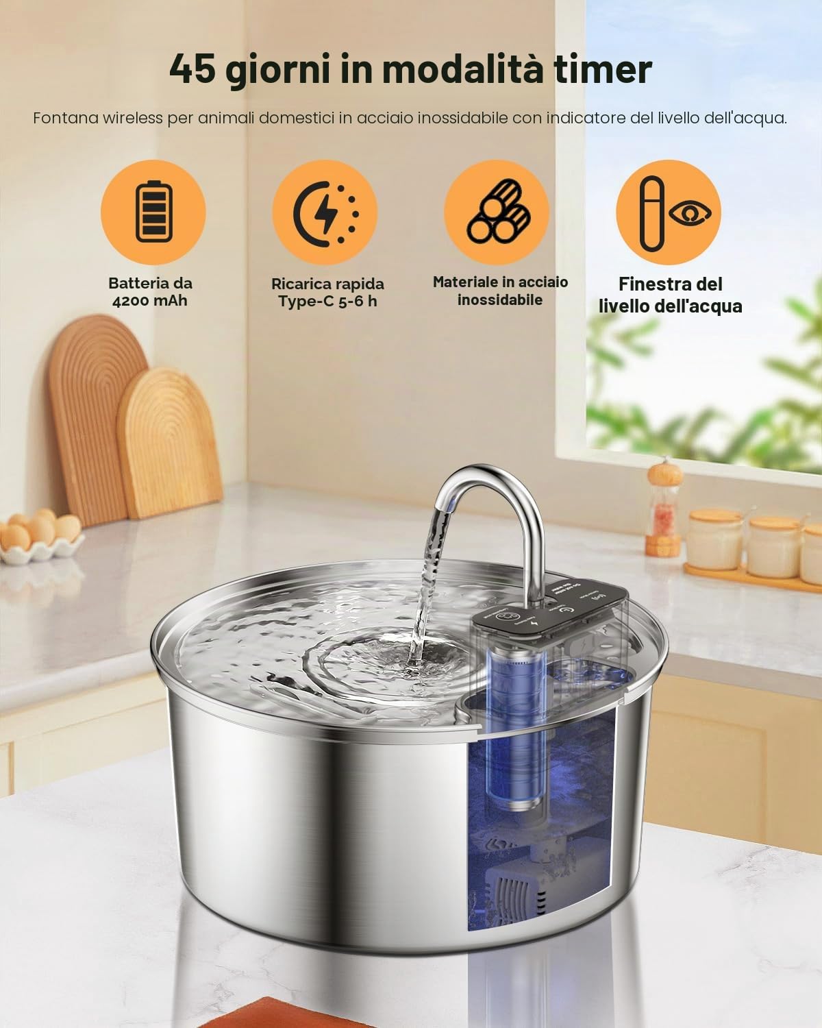 Fontanella per Gatti Senza Fili, Fontanella per Gatti in Acciaio Inox, Fontana per Gatti con Sensore di Movimento e 45 Giorni, Fontana per Gatti con Serbatoio Dell'acqua 3.2L- 3 Filtro+3 spugna