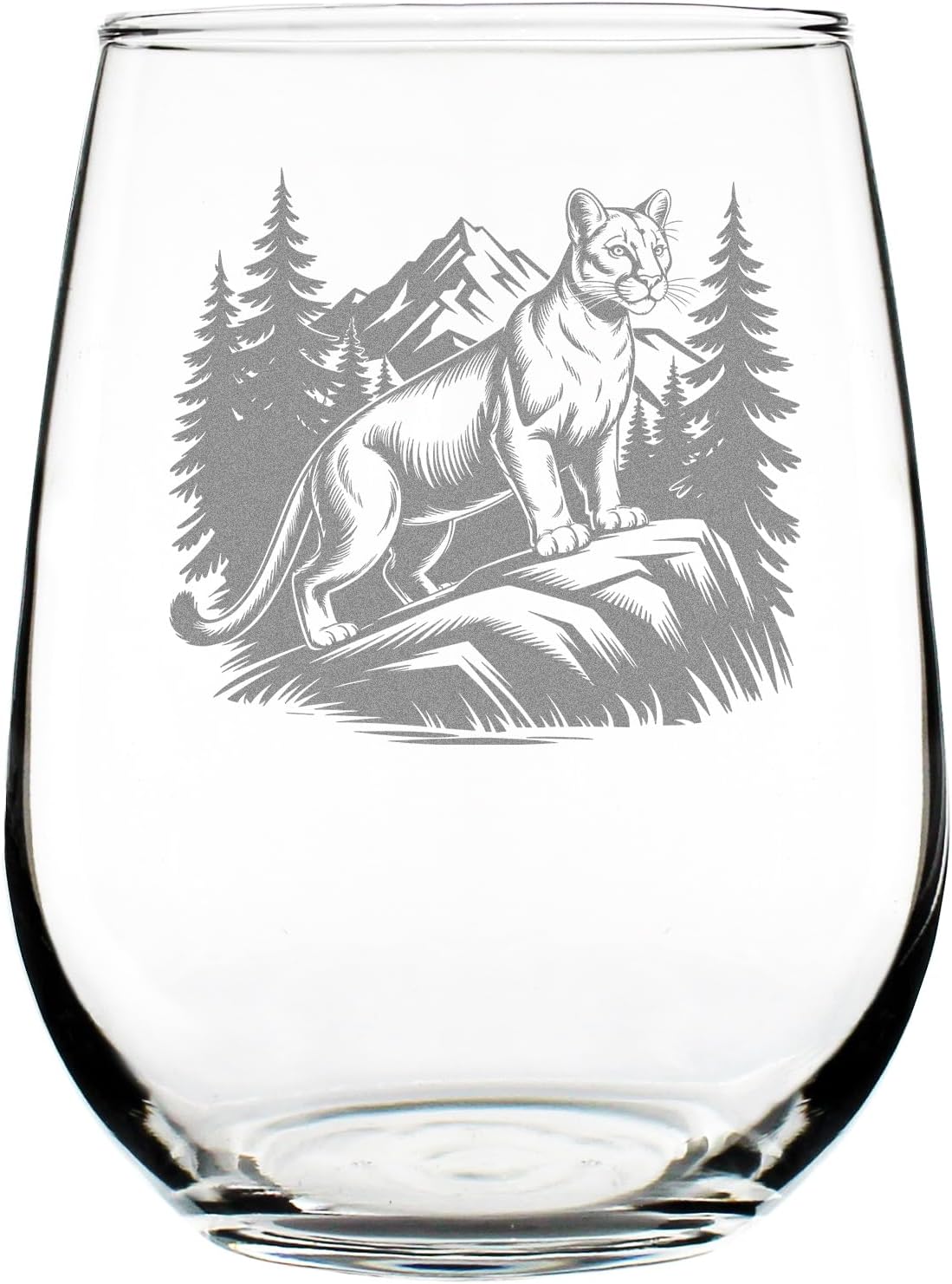 Hand Engraved Stemless Wine Glass, Etched Mountain Lion Design, 17oz Glass with Nature Scene, Unique Lover
