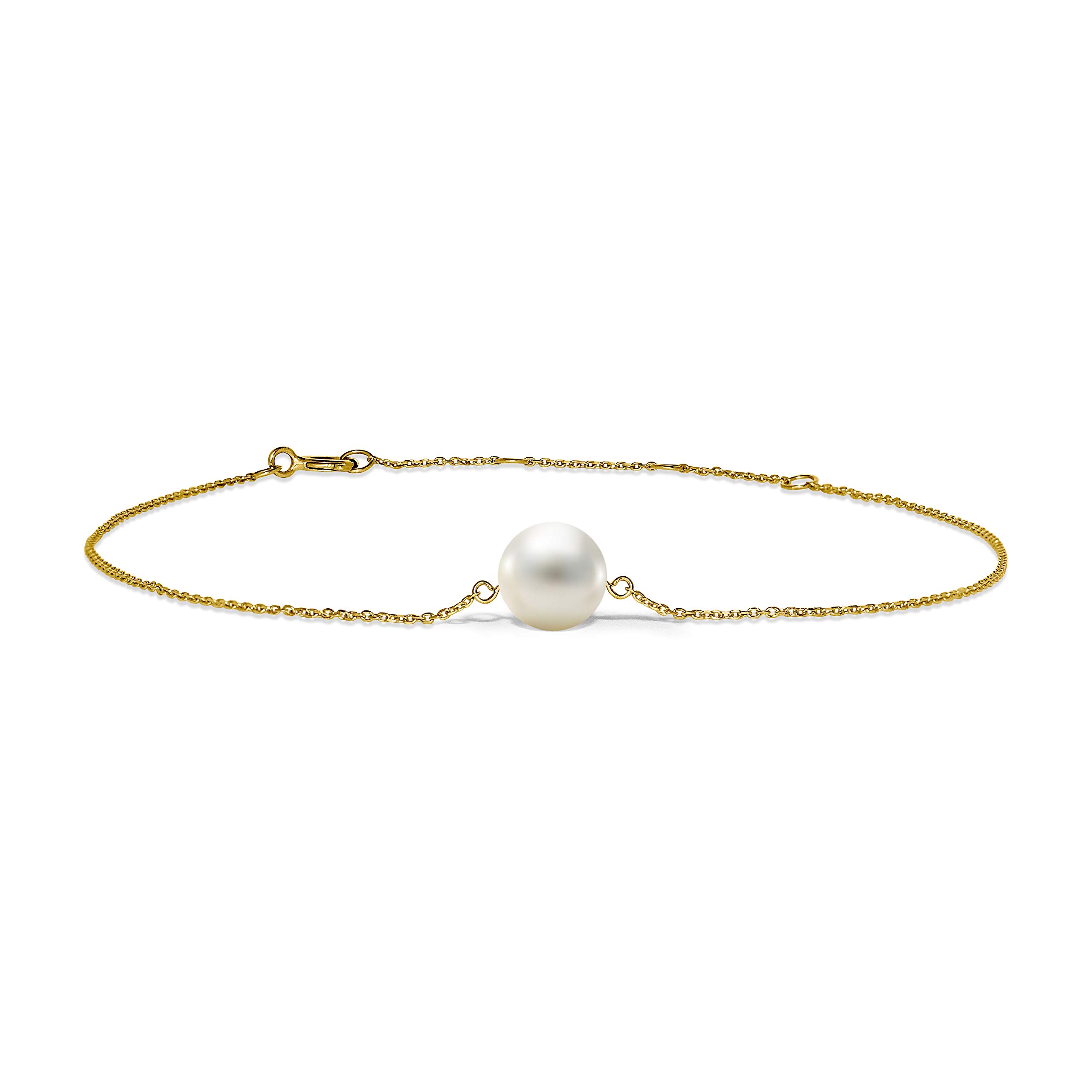 MIORE Schmuck Damen Armband mit weiße runde Süßwasserperle 7.5 mm Armkette aus Gelbgold 14 Karat / 585 Gold, Länge Einstellbar 17.5-21.5cm
