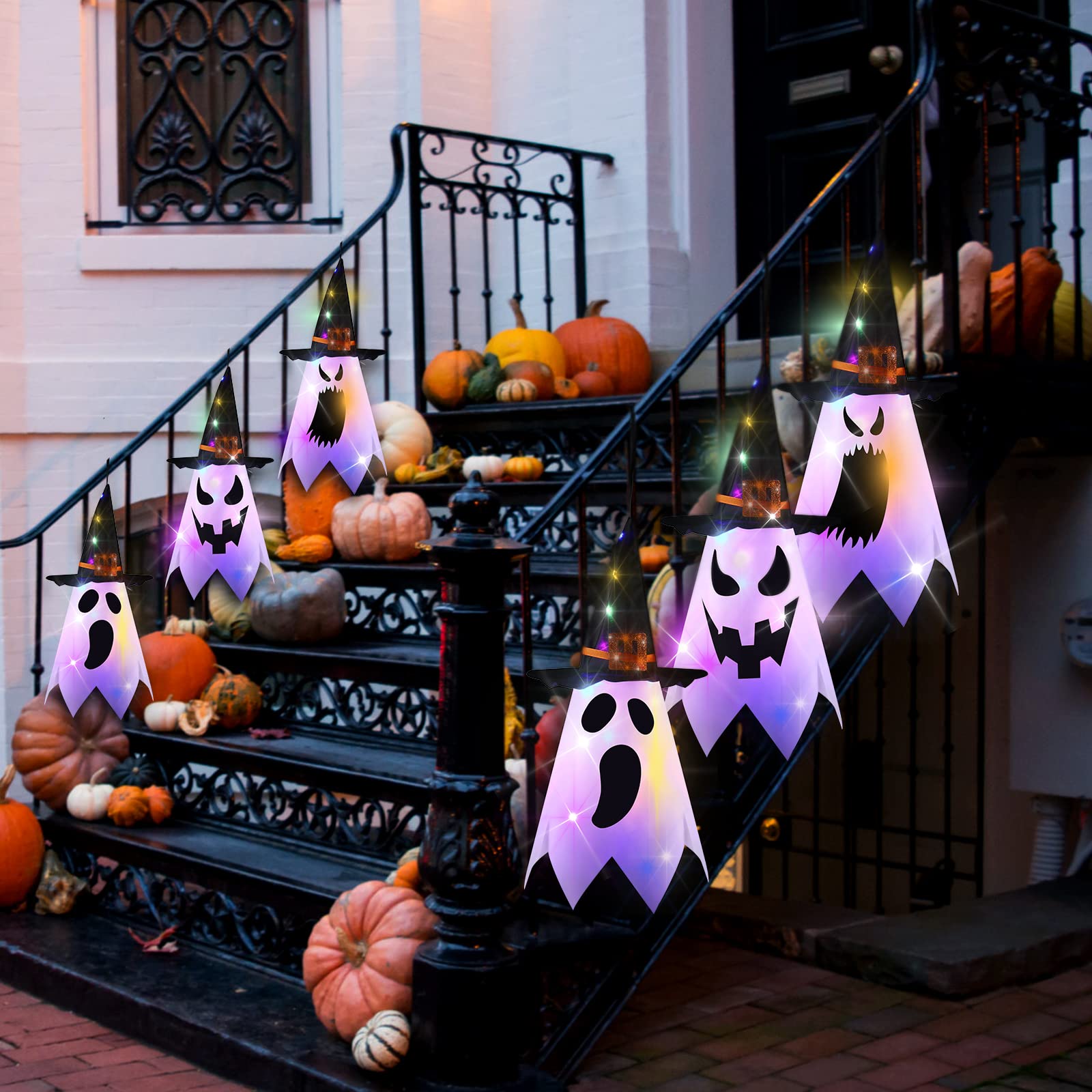 Halloween Geist Dekoration 145cm Leuchtend - Stehender Geist Mit Hexenhut Und Besen Outdoor