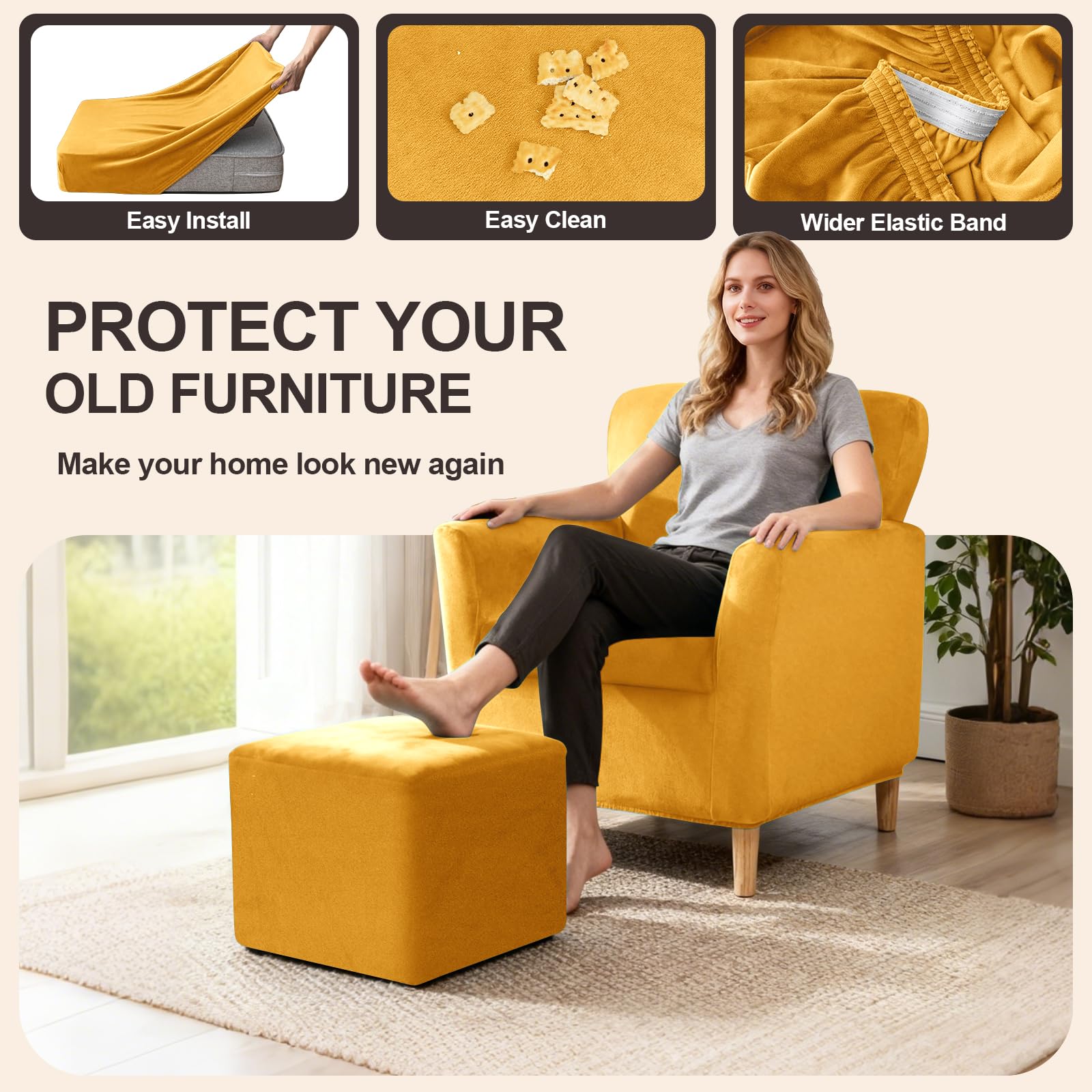 Copripoltrona Elasticizzato Copridivano 1 Posto con Braccioli, Velluto Fodera per Poltrona/Ottomana/Sedile con 4 Corde Antiscivolo (Gold,Chair+Seat+Ottoman Sq S)