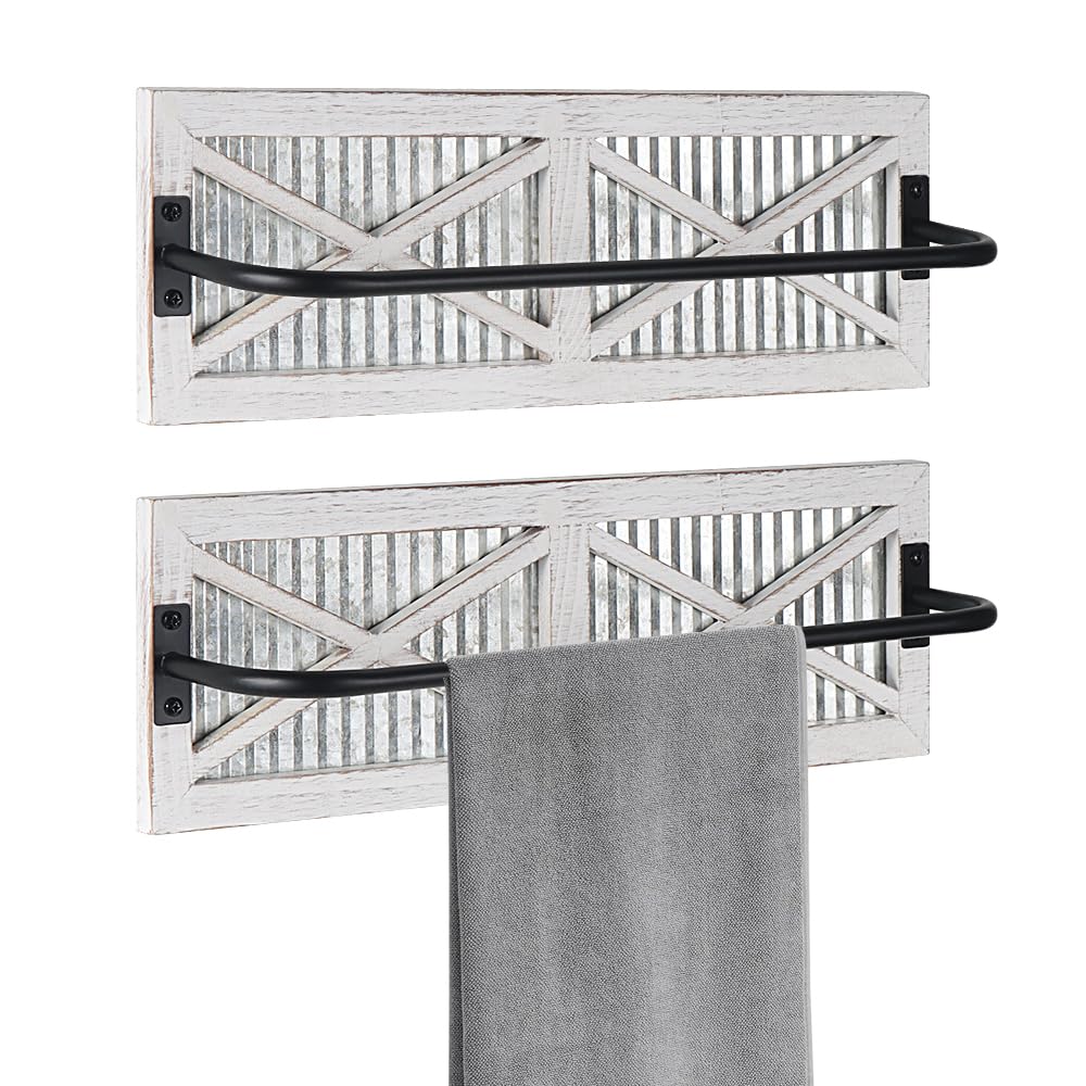 Bathroom Towel Rack, Rustic Towel Rack Wall Mounted, Small Farmhouse Bath Towel Storage Rack with Weathered Wood and Corrugated Galvanized Metal, for Hanging Towels and Hand Towels, White