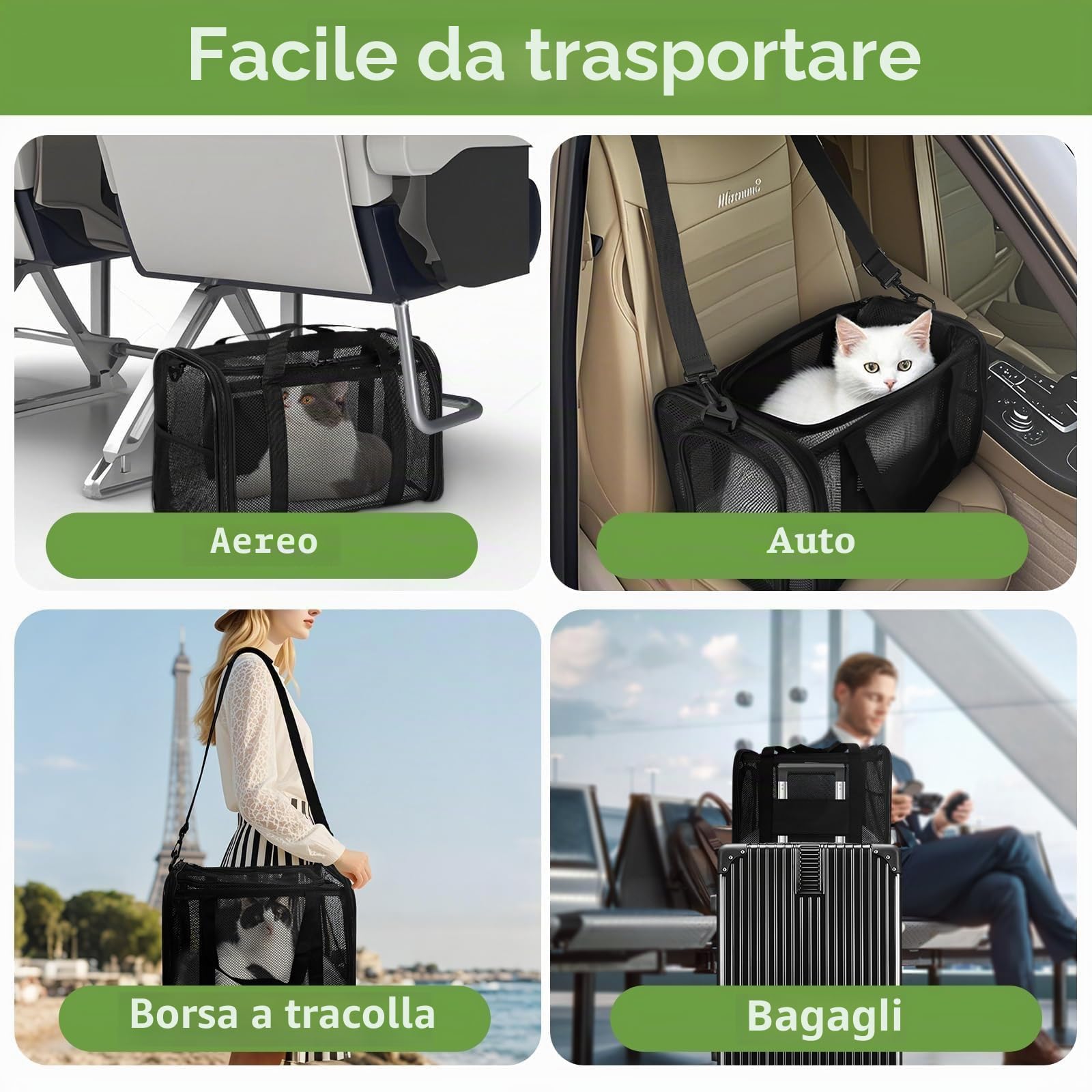 Borsa per gatti traspirante,Trasportino per Cani Portatile e Ripiegabile,Trasportino Gatto Cane,Trasportino per Gatti Con Tappetino Rimovibile e Tracolla,per Viaggio,Nero
