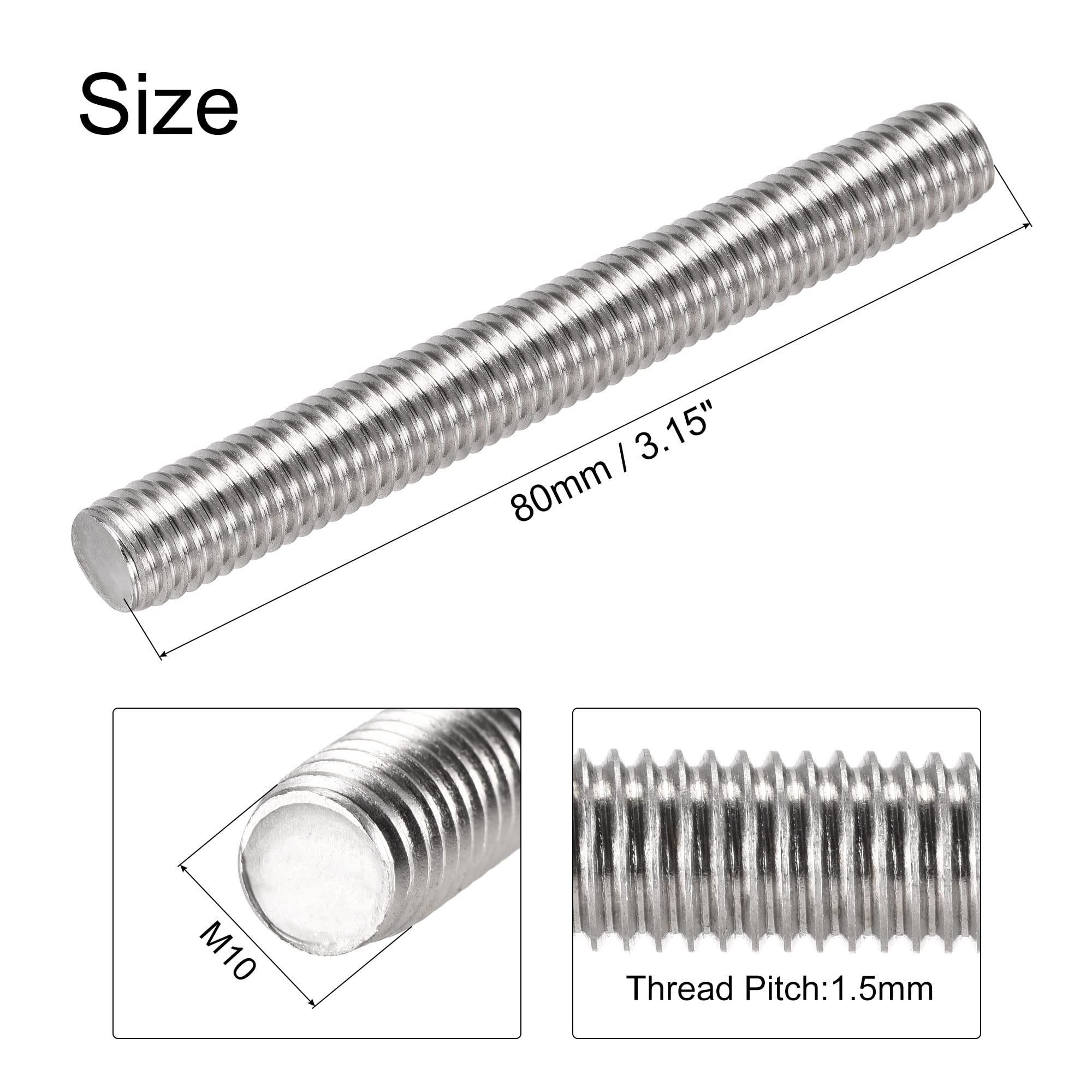 Lot De 5 Tiges Filetées Entièrement M10 X 80 Mm - Acier Inoxydable - Pas De 1,5 Mm - Neuf - Marque Uxcell