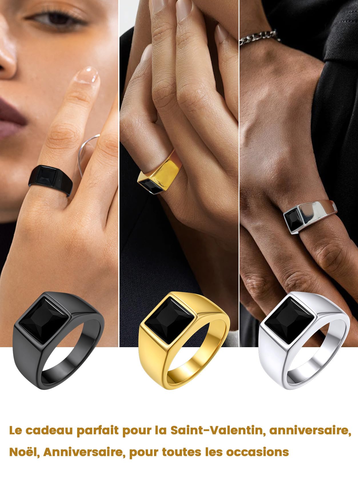 GoldChic JEWELRY Bague Solitaire Homme en Acier Inoxydable/Plaqué Or, Chevalière avec Pierre Bleue/Noire en Cristal, 8 Tailles Disponibles
