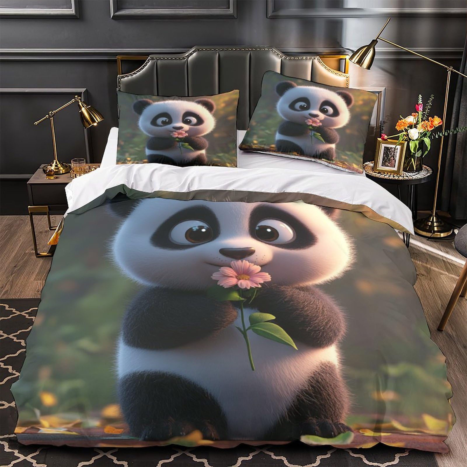 Housse de couette panda 3D et parure de lit microfibre résistante avec drap de couette uni