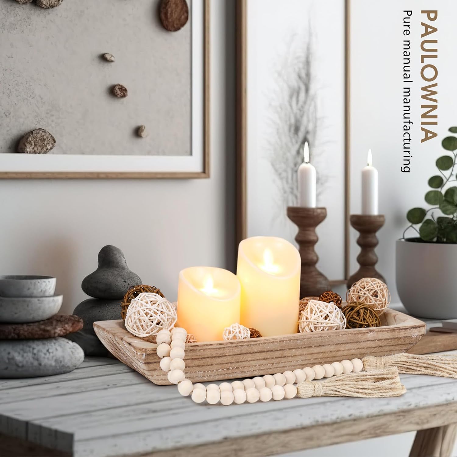 Teenyyou 17 Pcs Wooden Centerpiece Table Decorations Wood Dough Bowl Wicker Rattan Balls Beads String with Tassel Natural Decorative Tray Rustic Bowl Filler for Dining Room Kitchen(White)