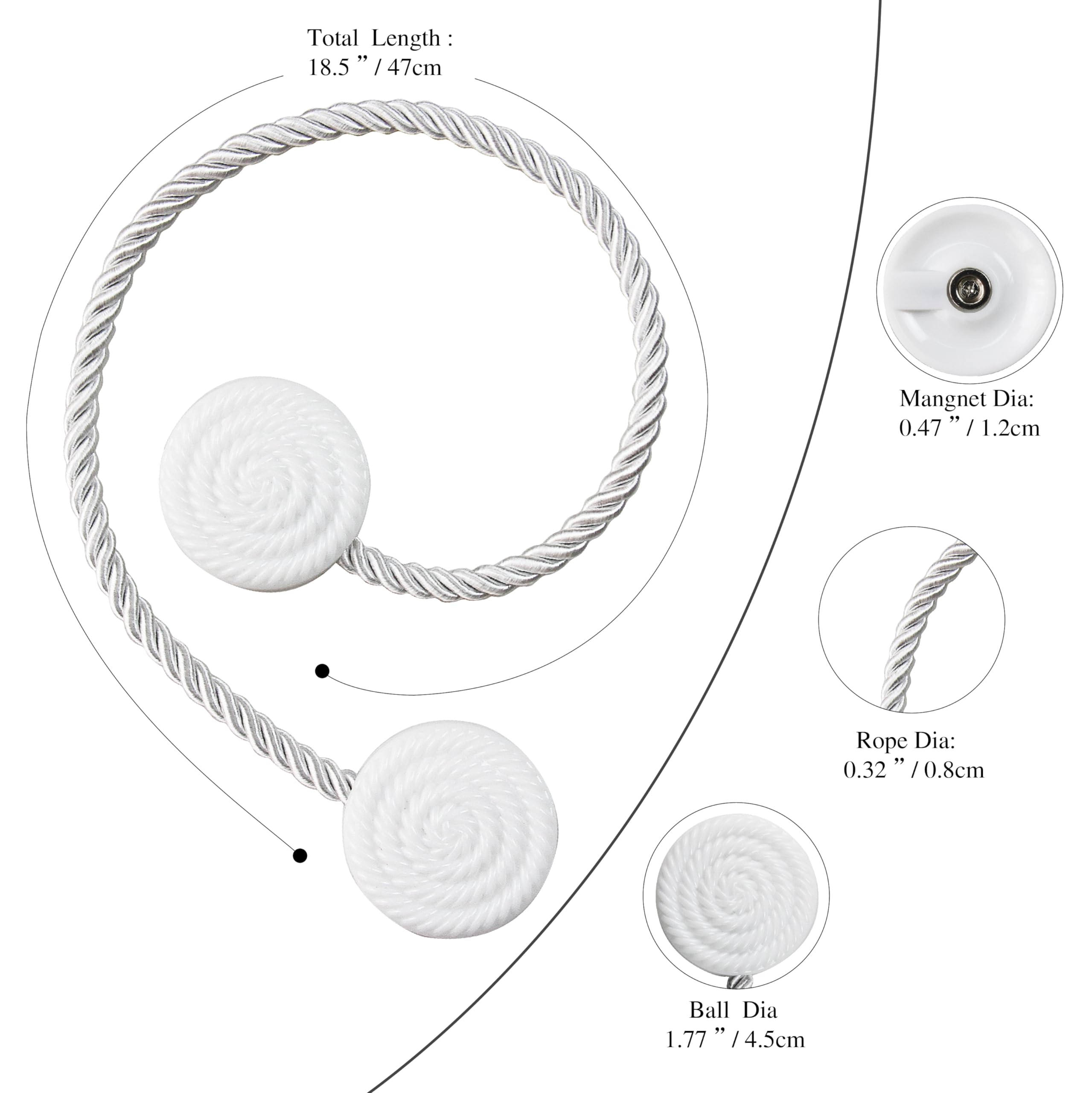Hangtty Magnetic Curtain Tie Backs 4 Pack Rope Curtain Tiebacks Decorative Curtain Holders for Drapes Window Treatment Holdbacks Home Outdoor Curtain Tiebacks, White