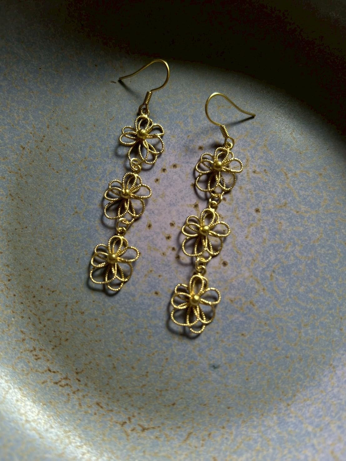 Handmade 18K Gold-Plated Brass Triple Flower Dangle Earrings for Women, Boho Floral Drop Earrings, Lightweight Elegant Jewelry Gift - Image 3