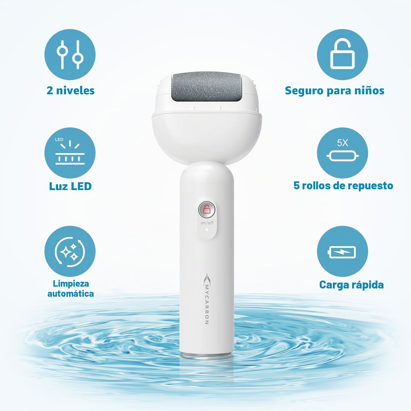 MYCARBON Lima Electrica Pies Durezas 1,900 rpm y 2,200 rpm Ajustable | Lima Pies Electrica Recargable con 5 Rodillos, Autolimpiable, Pedicura Profesional para Durezas Callos Agrietada