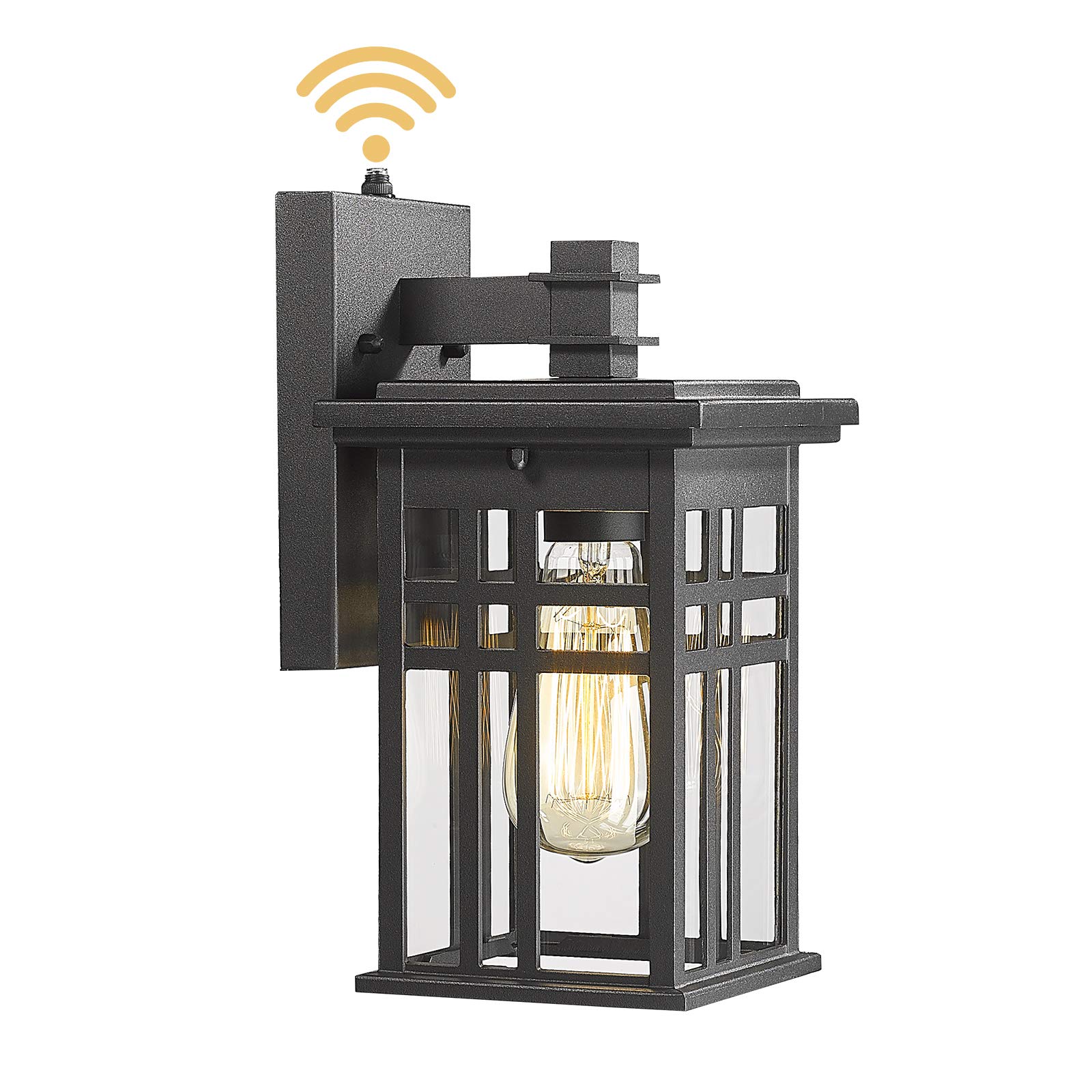 dusk to dawn sensor outdoor wall sconce lantern, hwh exterior wall mounted lamp porch light fixture with clear glass shade, matte black finish for garage doorway garden ( similar to picture)