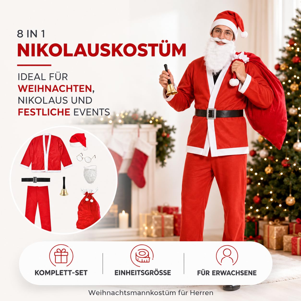 Kostimheld® 6 w 1 kostium Mikołaja - kostium Świętego Mikołaja - na Boże Narodzenie - kostium Mikołaja - Święty Mikołaj - dla mężczyzn/dorosłych (wybór ilości)