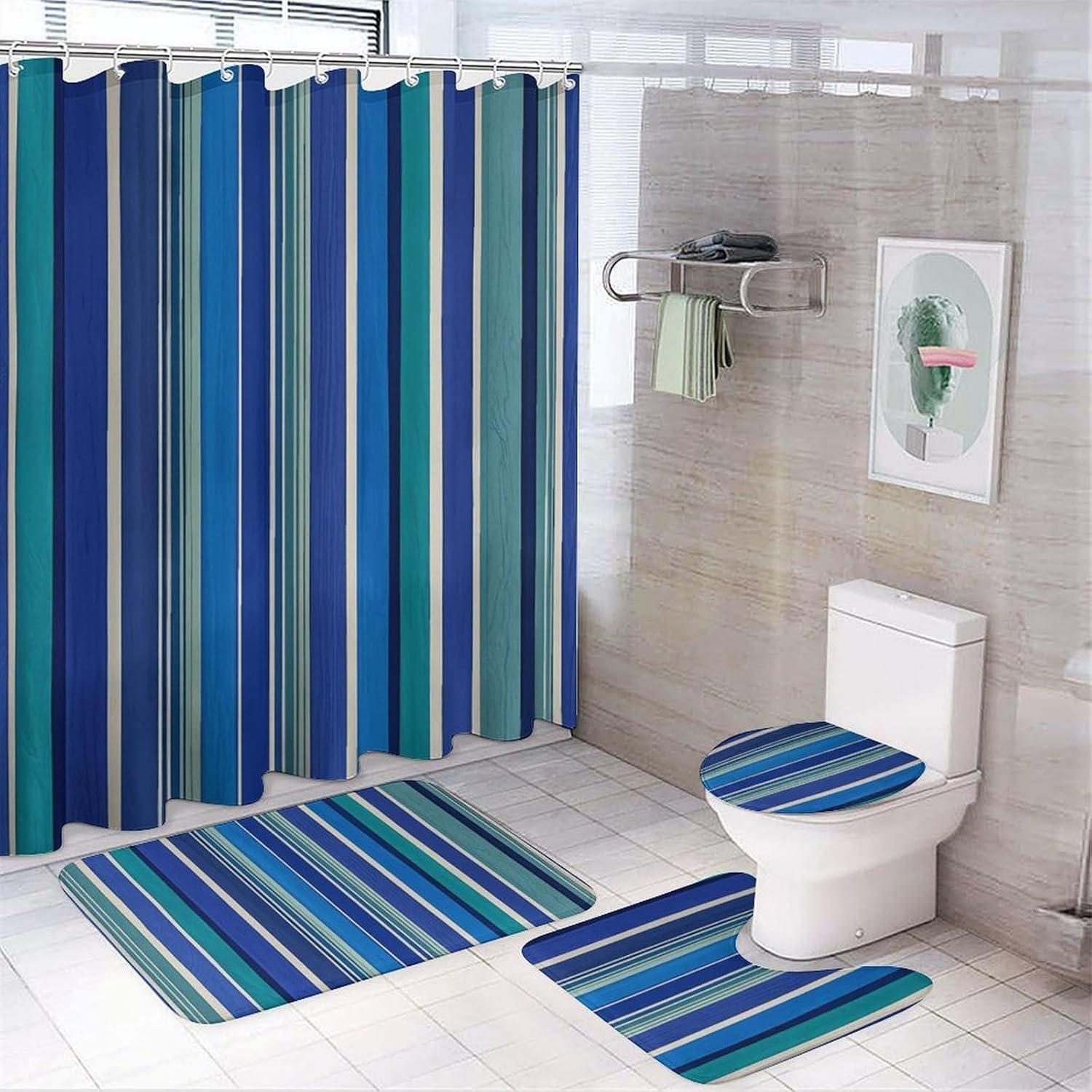 Four Piece Bathroom Set with Toilet Lid Cover and Non-Slip Rugs Minimalist Shower Curtain for Bathroom Set