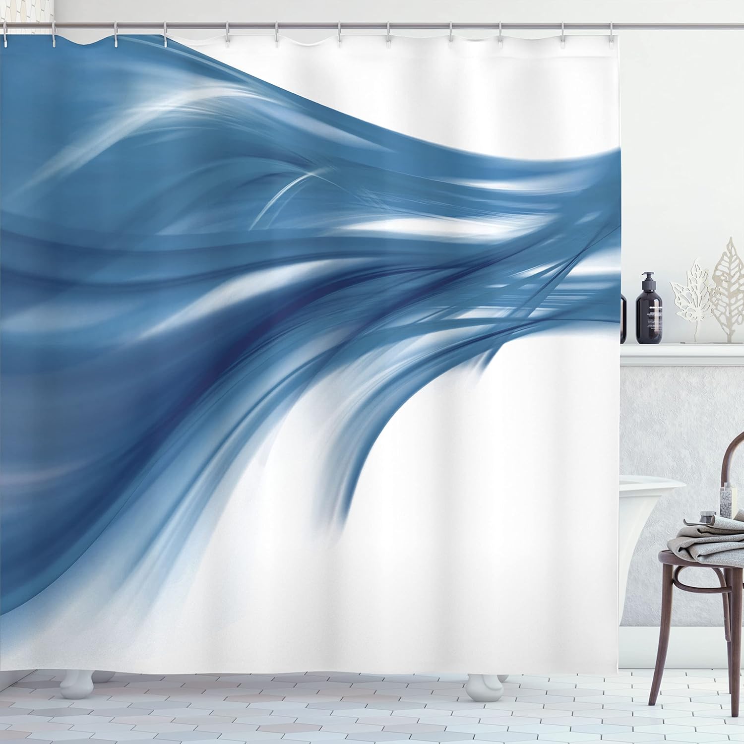 Ambesonne Abstract Shower Curtain, Modern Contemporary Abstract Smooth Lines Blurred Smock Art Flowing Rays Print, Cloth Fabric Bathroom Decor Set with Hooks, 69" W x 70" L, Blue Sea
