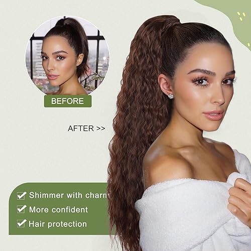 Miniatura 10 de Extensión de cola de caballo larga y rizada para mujeres y niñas, extensiones de cabello con clip con cordón sintético para uso diario (marrón claro)