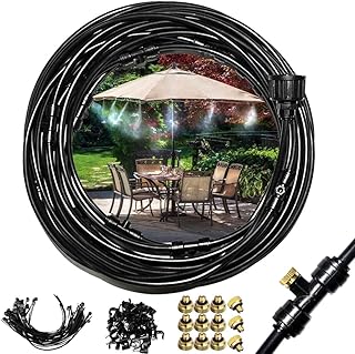 Misting Cooling System, Pre-Assembled Kit, 59FT (18M) Line + 26 Brass Nozzles + Brass Adapter(3/4") for Patio Garden Greenhouse Trampoline Sprinkle