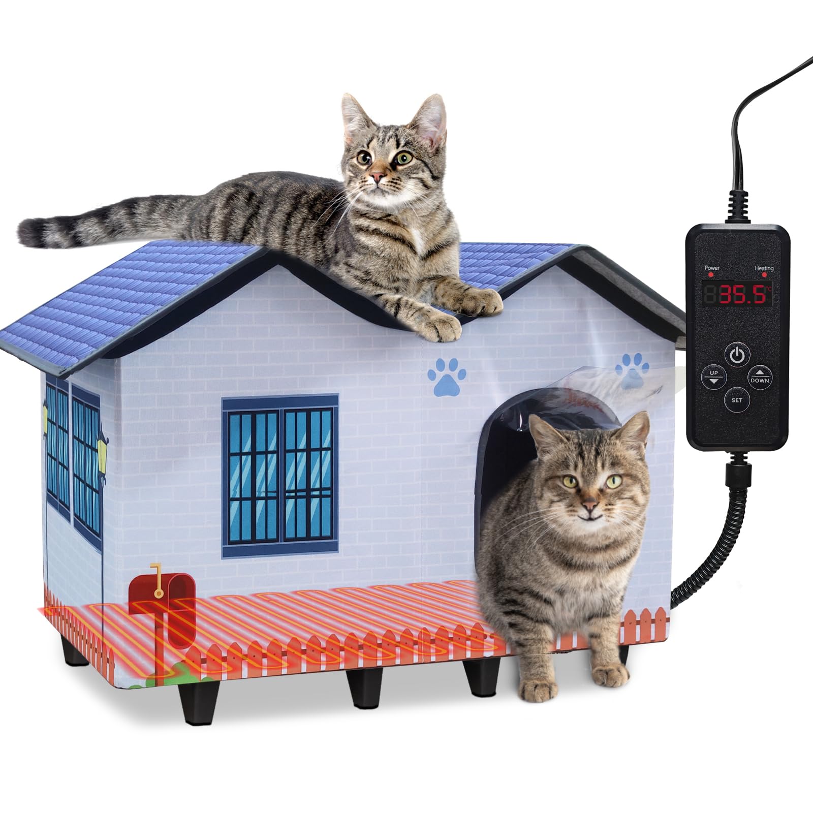 NAMOTEK Large Elevated Heated Cat Houses for Indoor/Outdoor Cats with Heated Cat Bed Waterproof， Insulated Providing Safe Feral Cats, Easy to Assemble Large (23" x 13" x 18")