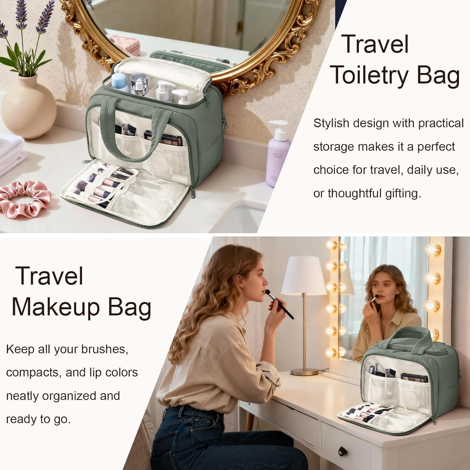 Travel Toiletry Bag for Women, Lightweight Large Quilted Puffy Makeup Bag Wide-open Make up Organizer Cloud Cosmetic Bag w/Handle for Traveling Toiletries Essentials Accessories Sage Green - Image 8