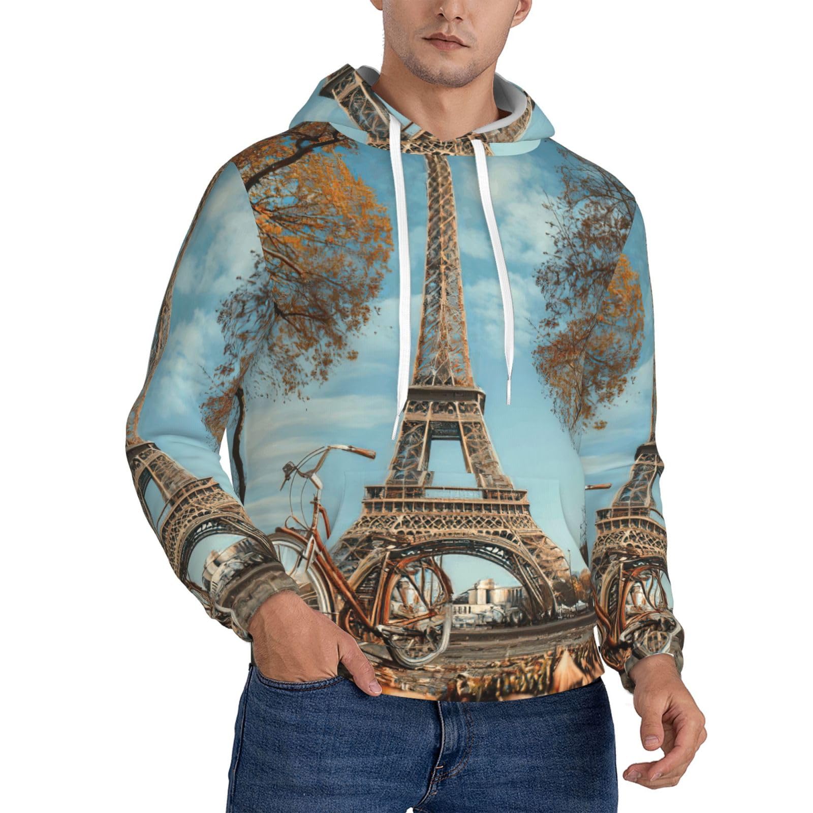 Pull à capuche pour homme imprimé tour Eiffel pour le quotidien - 8