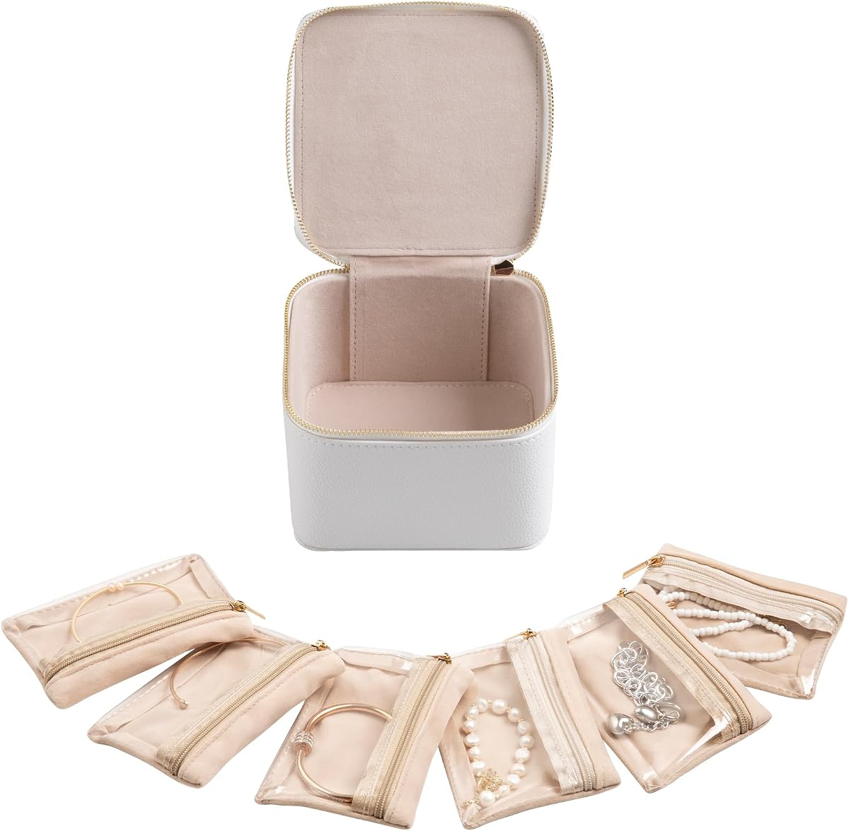 Frebeauty Travel Jewelry Case for Women,Small Jewelry Box with 6 Pouches | Portable Jewelry Bag,Travel Accessories,Tangle-free,Visualization Design for Rings, Earrings, Necklace,Smooth Metal Zipper