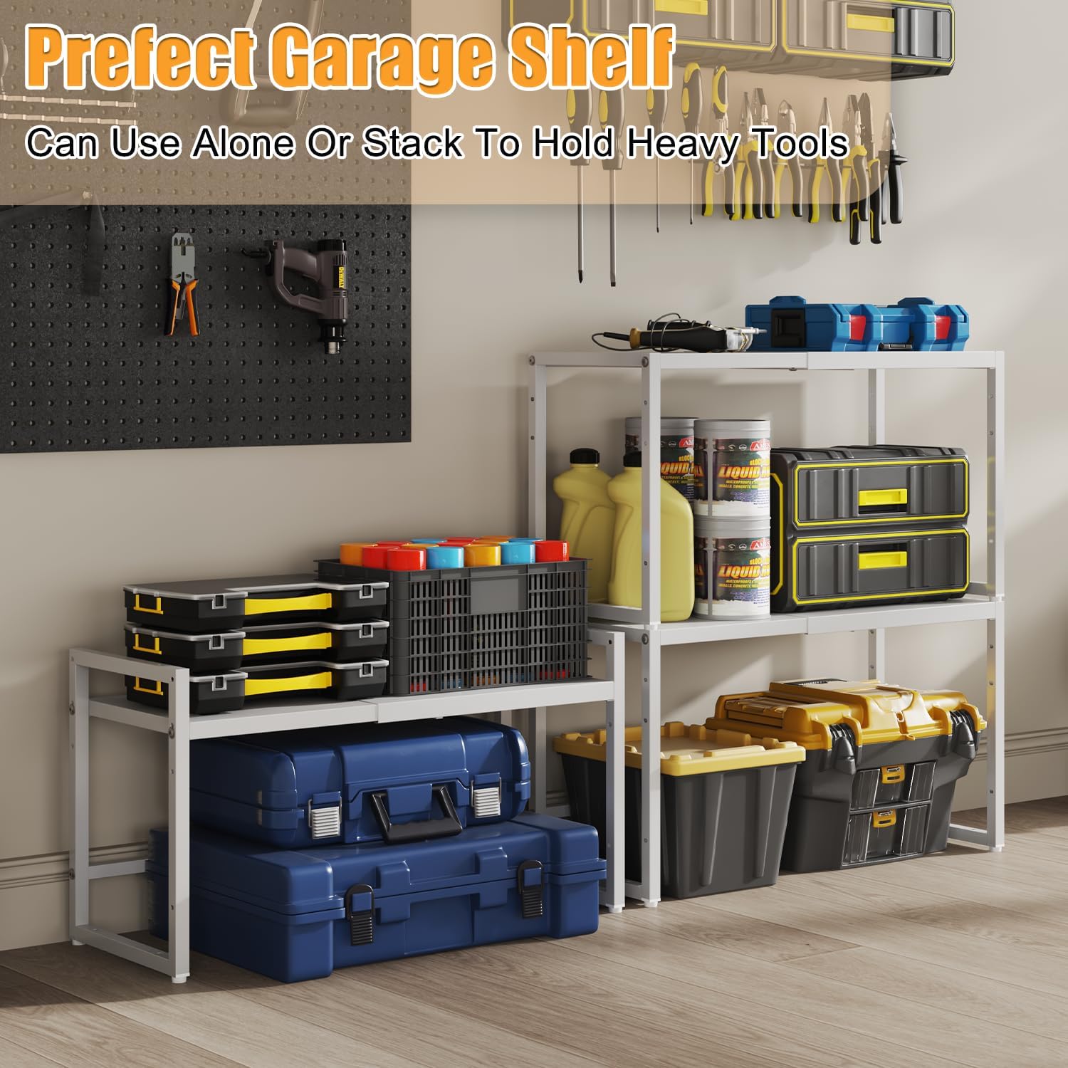 110 LBS Expandable Heavy Duty Storage Shelves,Metal Shelving Unit For Kitchen Garage Warehouse Cabinet Pantry , Adjustable Storage Rack Shelf Organizer For Pots Pans Microwave Small Appliance White