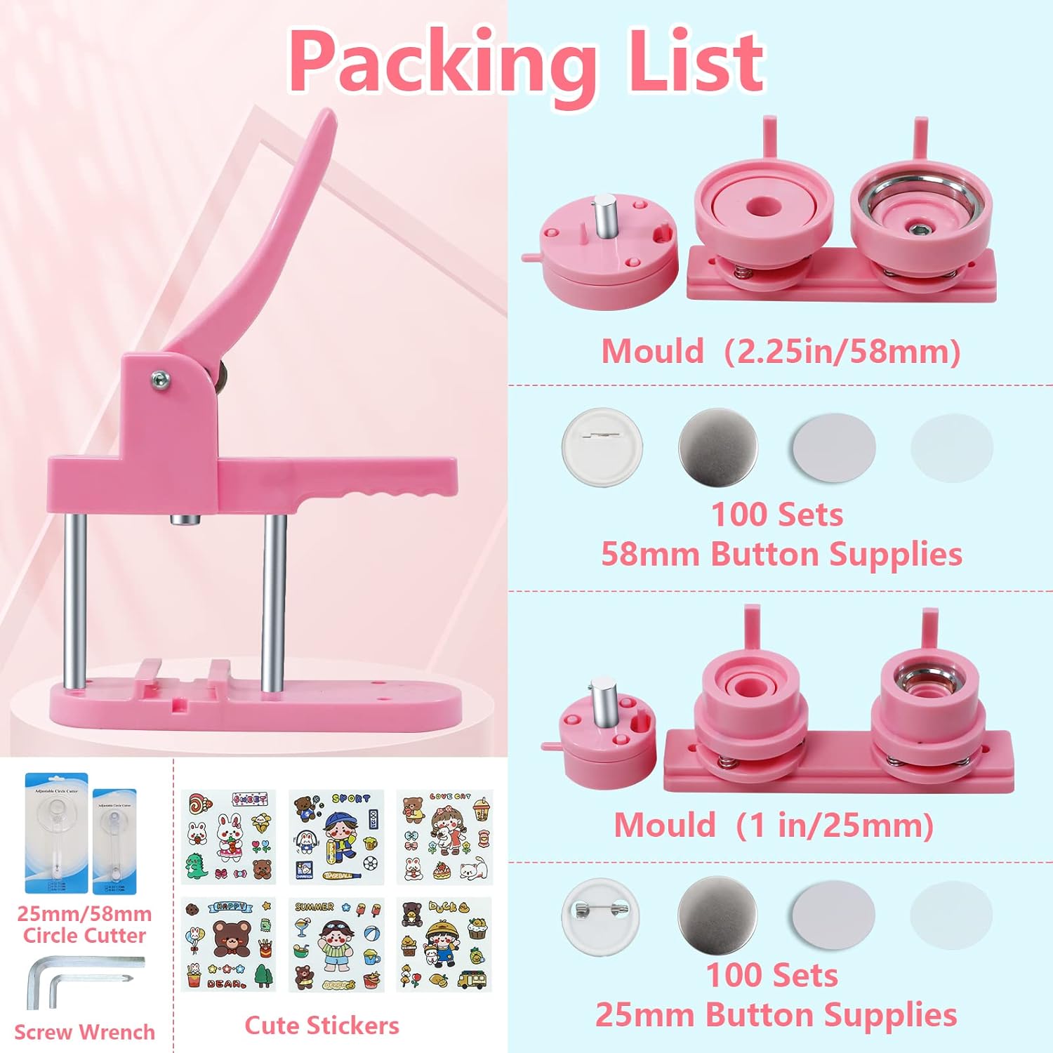 Button Maker Machine Multiple Sizes, Pin Maker Machine 1+2.25 inch, Badge Button Press Machine with Cute Stickers and 200 Sets Button Making Supplies&Circle Cutter for Girls Women(Pink)